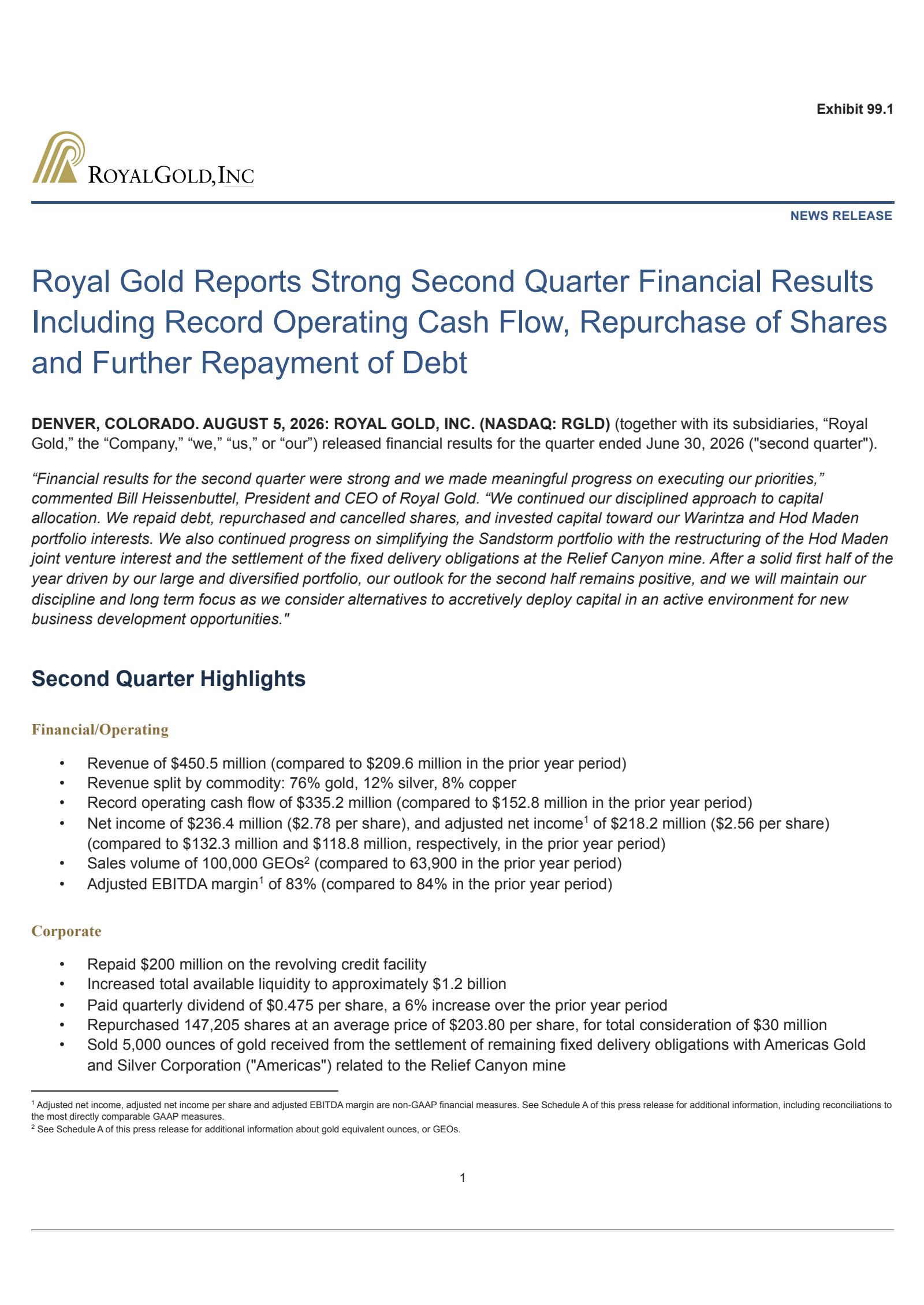 Royal Gold's Q2 2026 Press Release