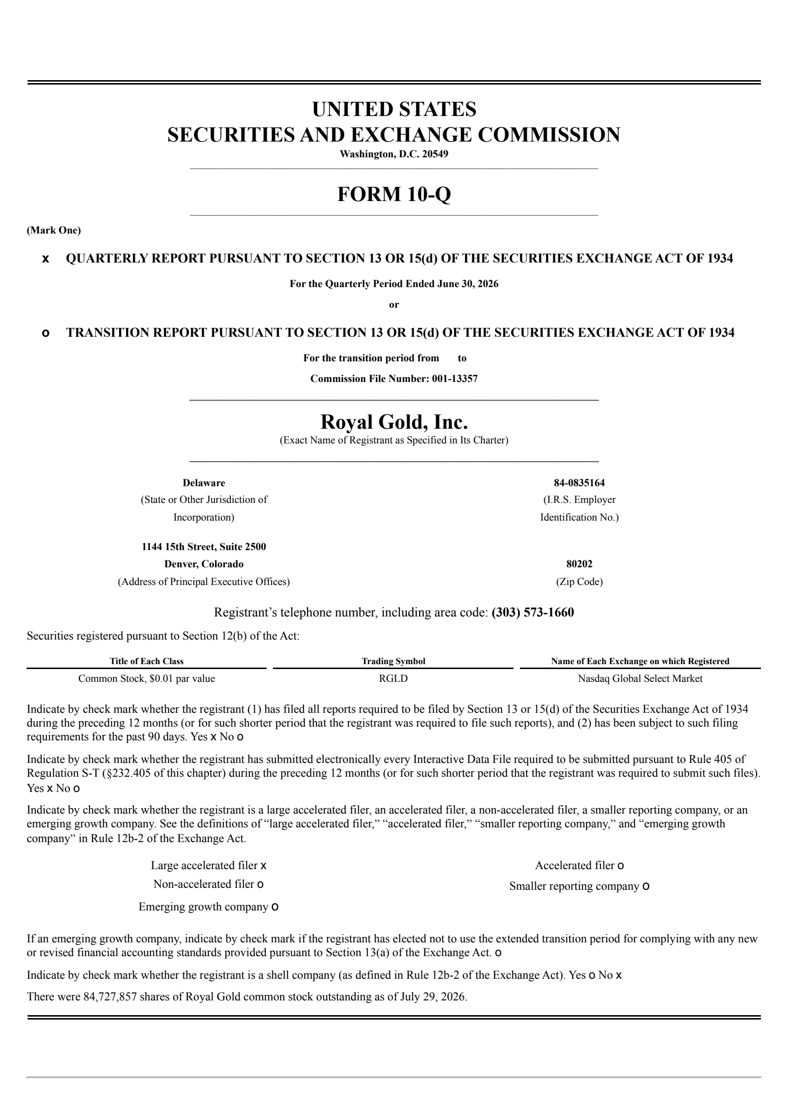 Royal Gold's Q2 2026 Quarterly report
