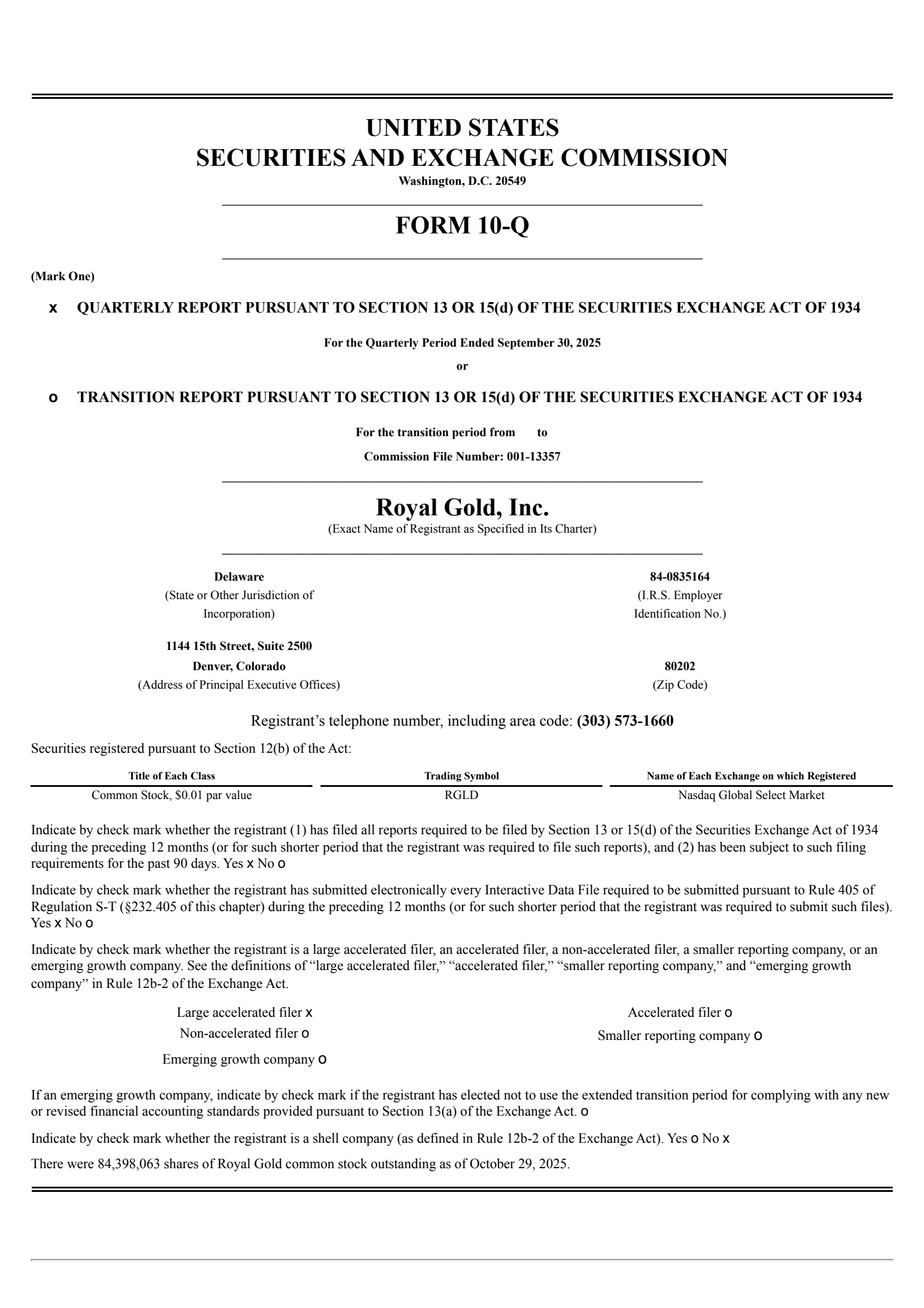 Royal Gold's Q3 2025 Quarterly Report