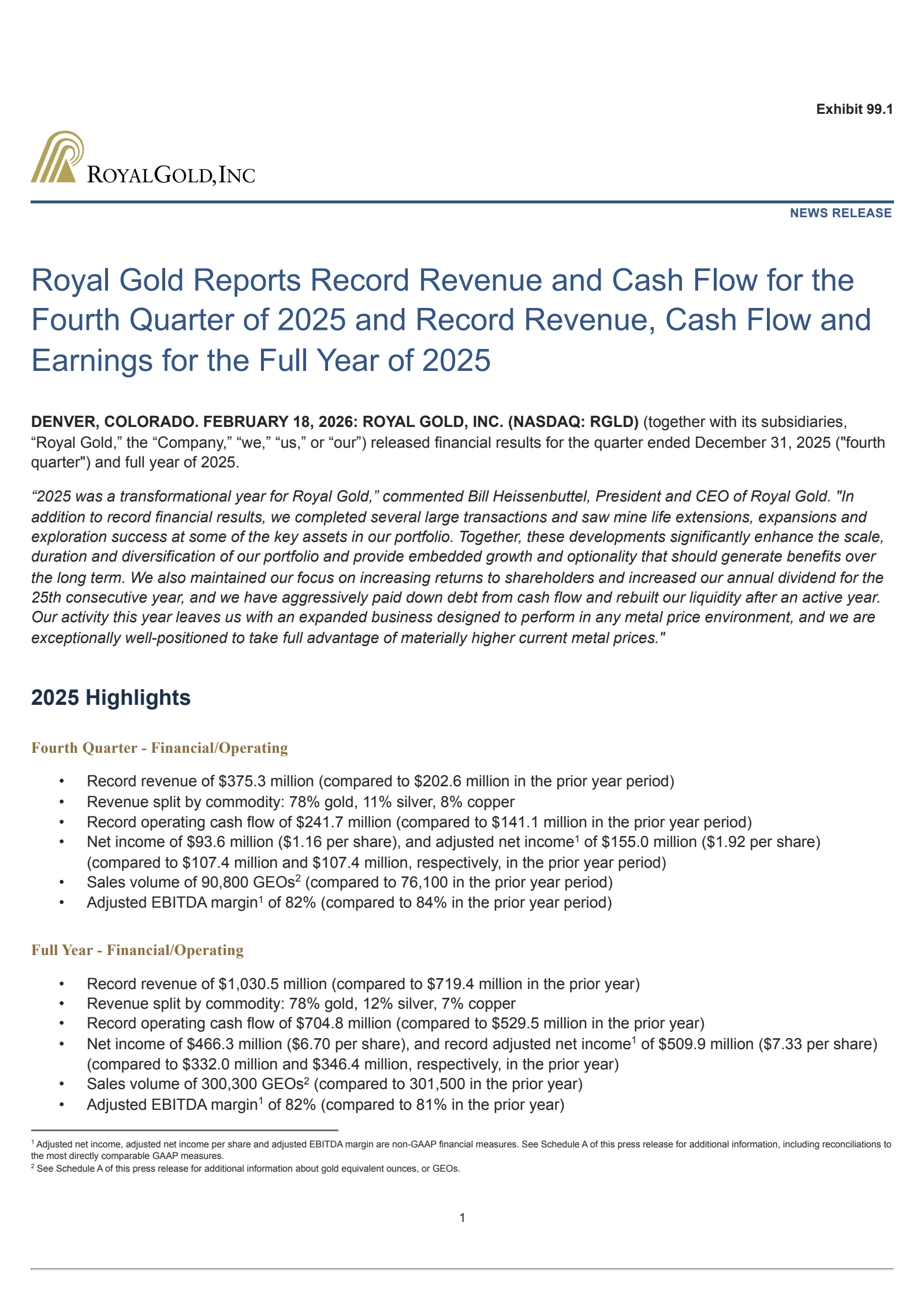 Royal Gold's Q4 2025 Press Release