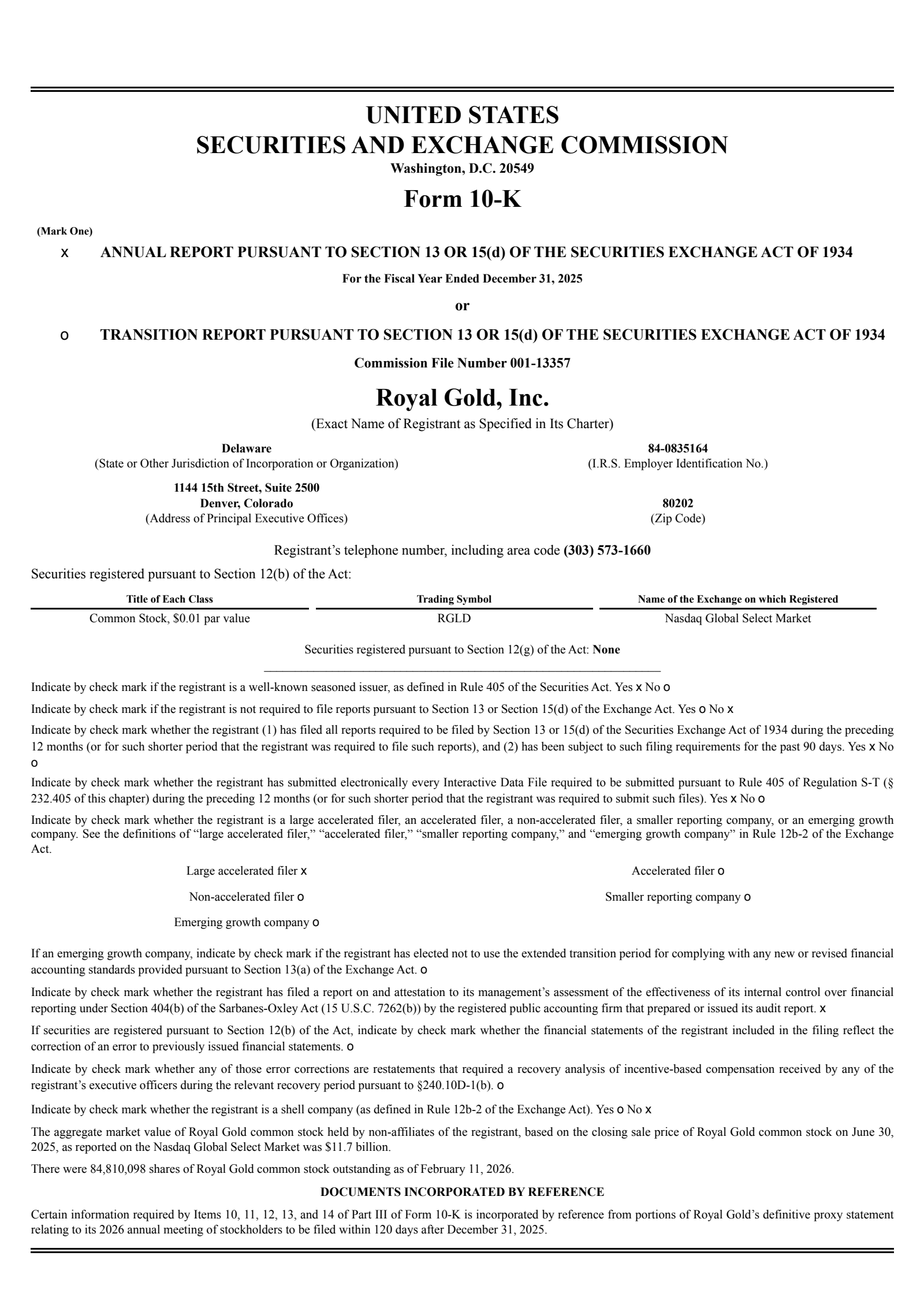Royal Gold's Q4 2025 Annual report