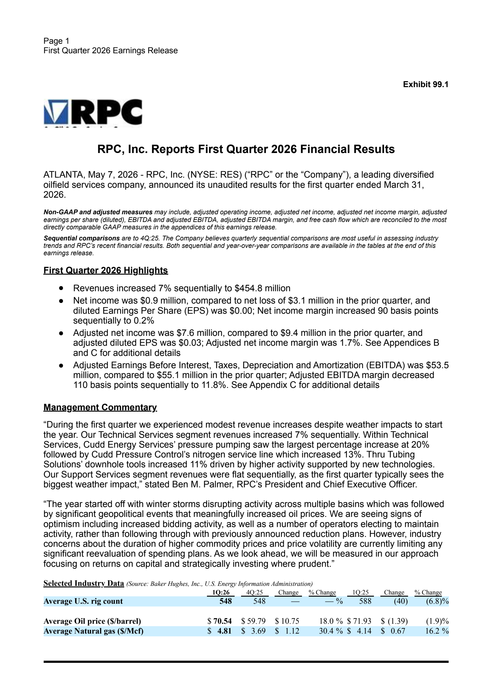 RPC's Q1 2026 Press Release