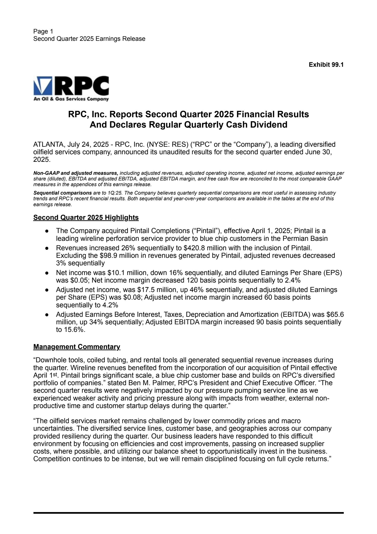 RPC's Q2 2025 Press Release