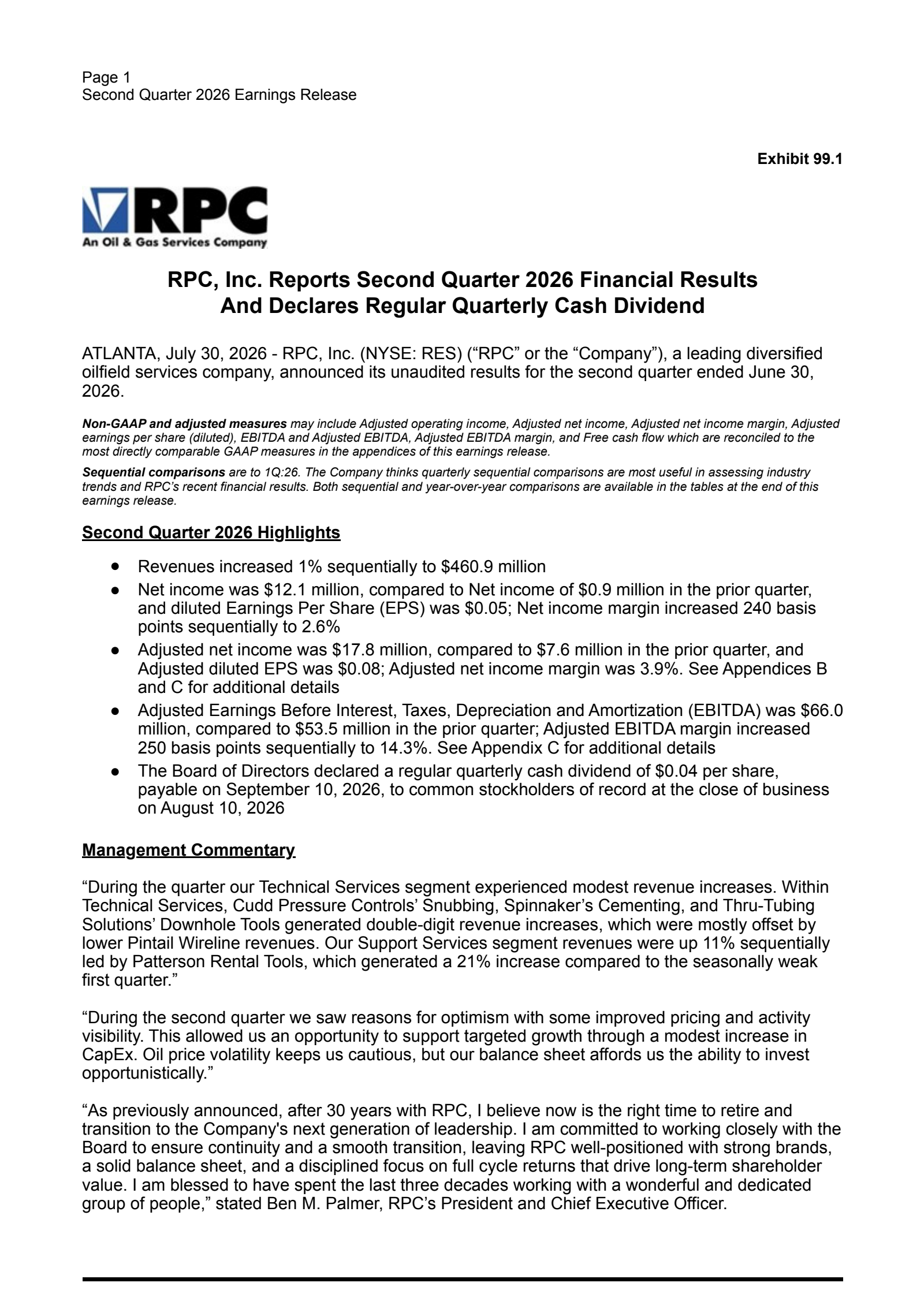 RPC's Q2 2026 Press Release