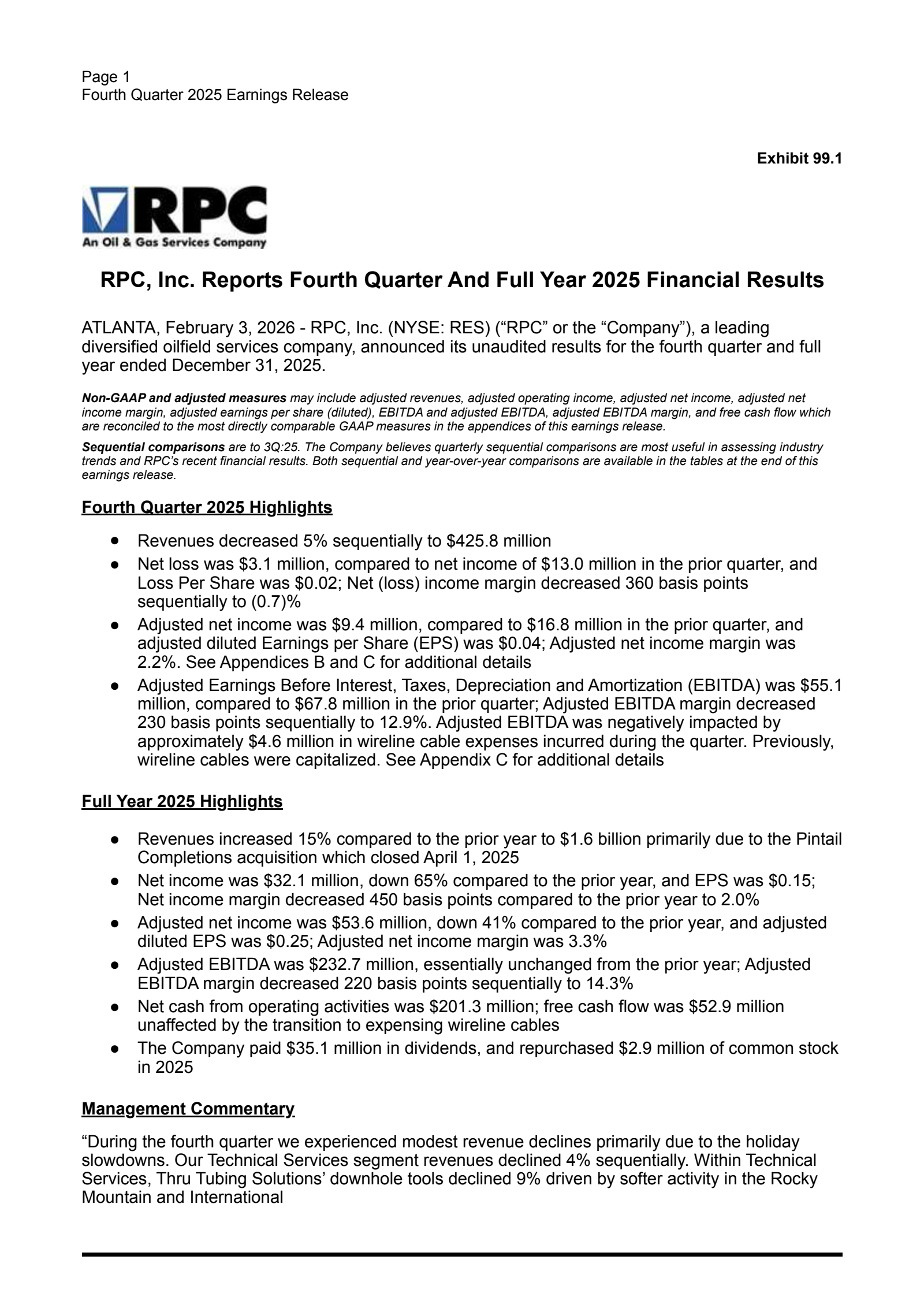 RPC's Q4 2025 Press Release