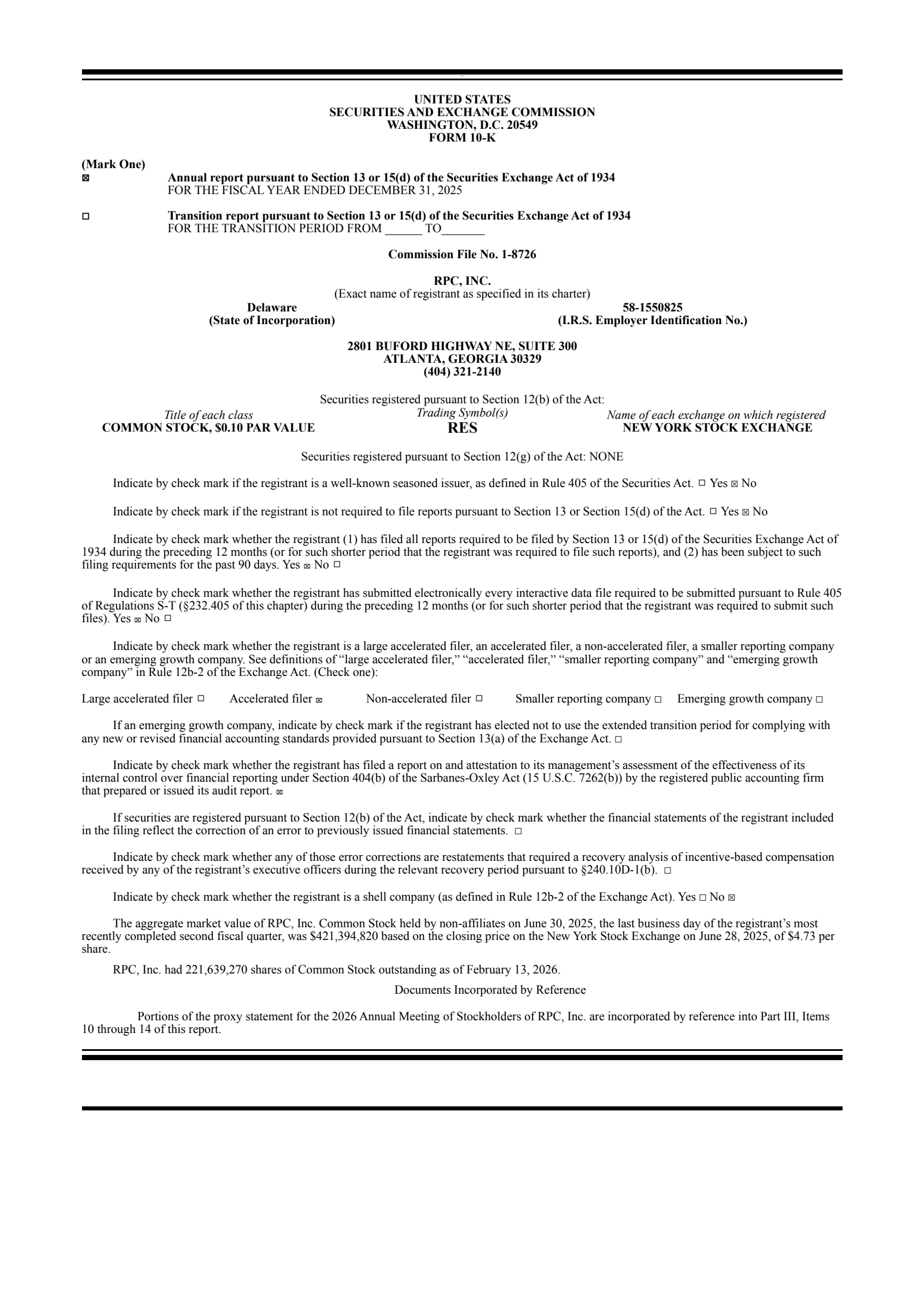 RPC's Q4 2025 Annual report