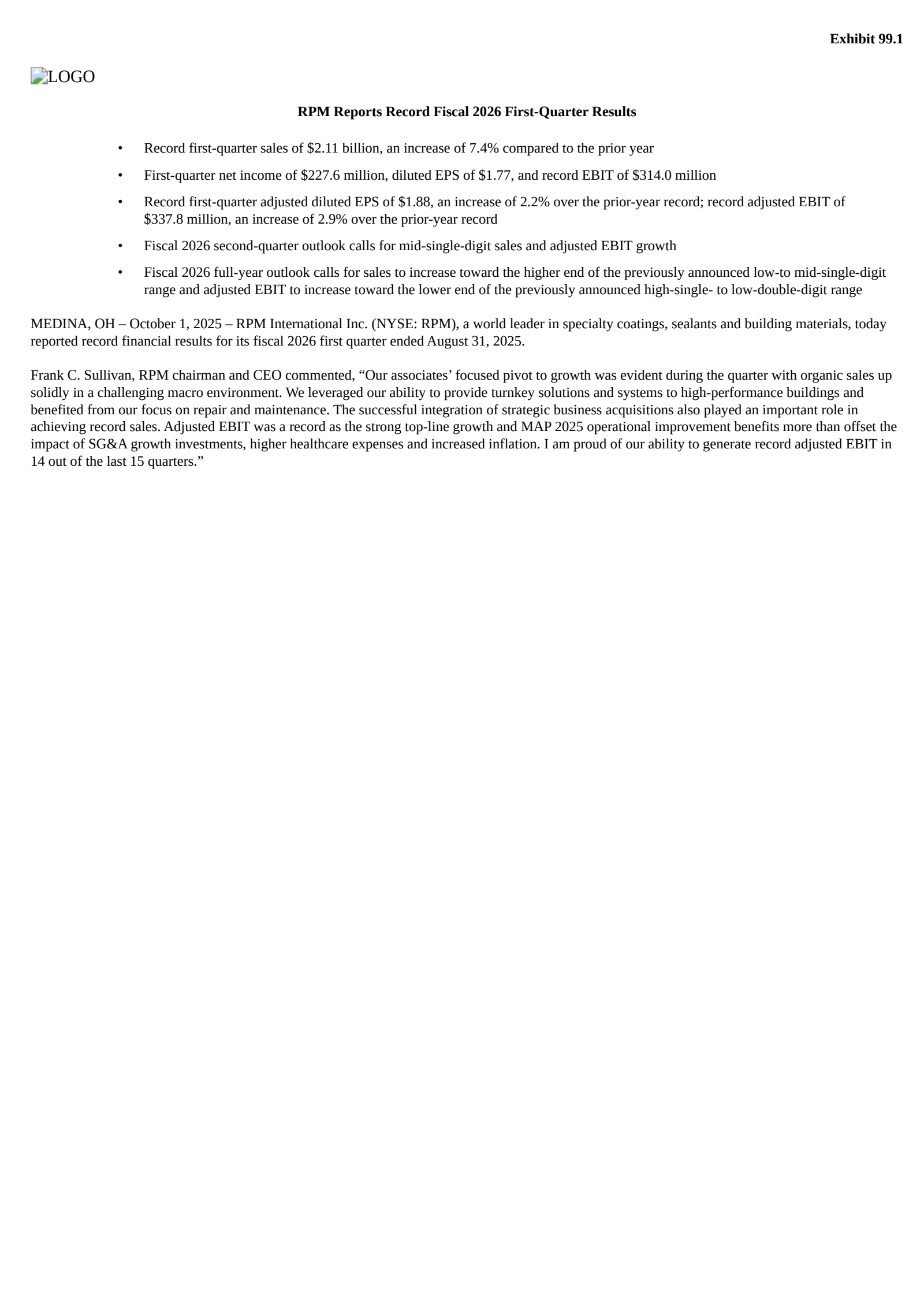 RPM International's Q1 2026 Earnings Release