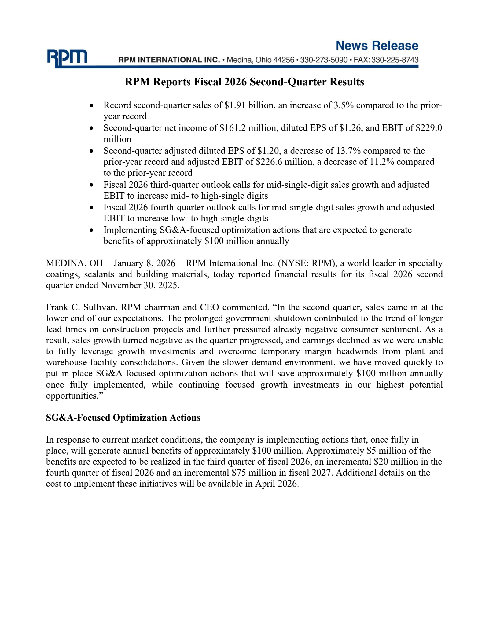 RPM International's Q2 2026 Earnings Release