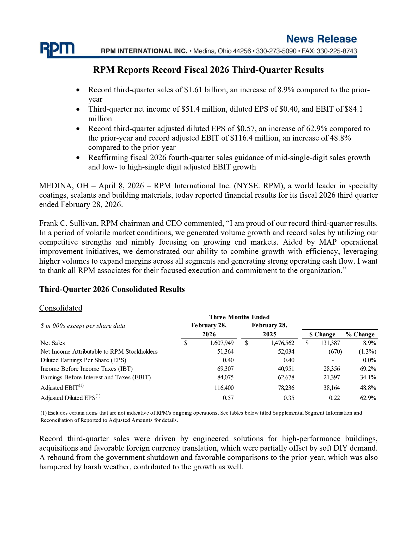 RPM International's Q3 2026 Press Release