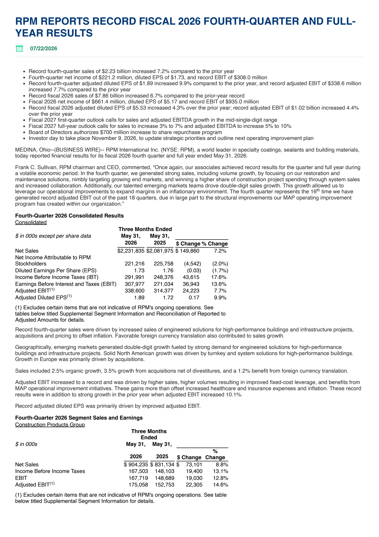 RPM International's Q4 2026 Press Release