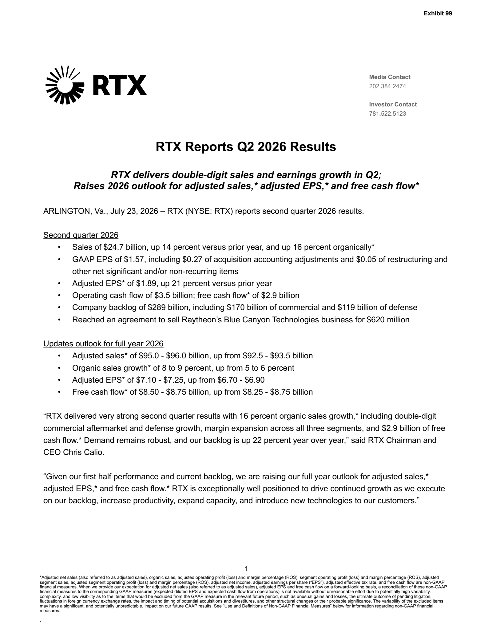 RTX's Q2 2026 Press Release