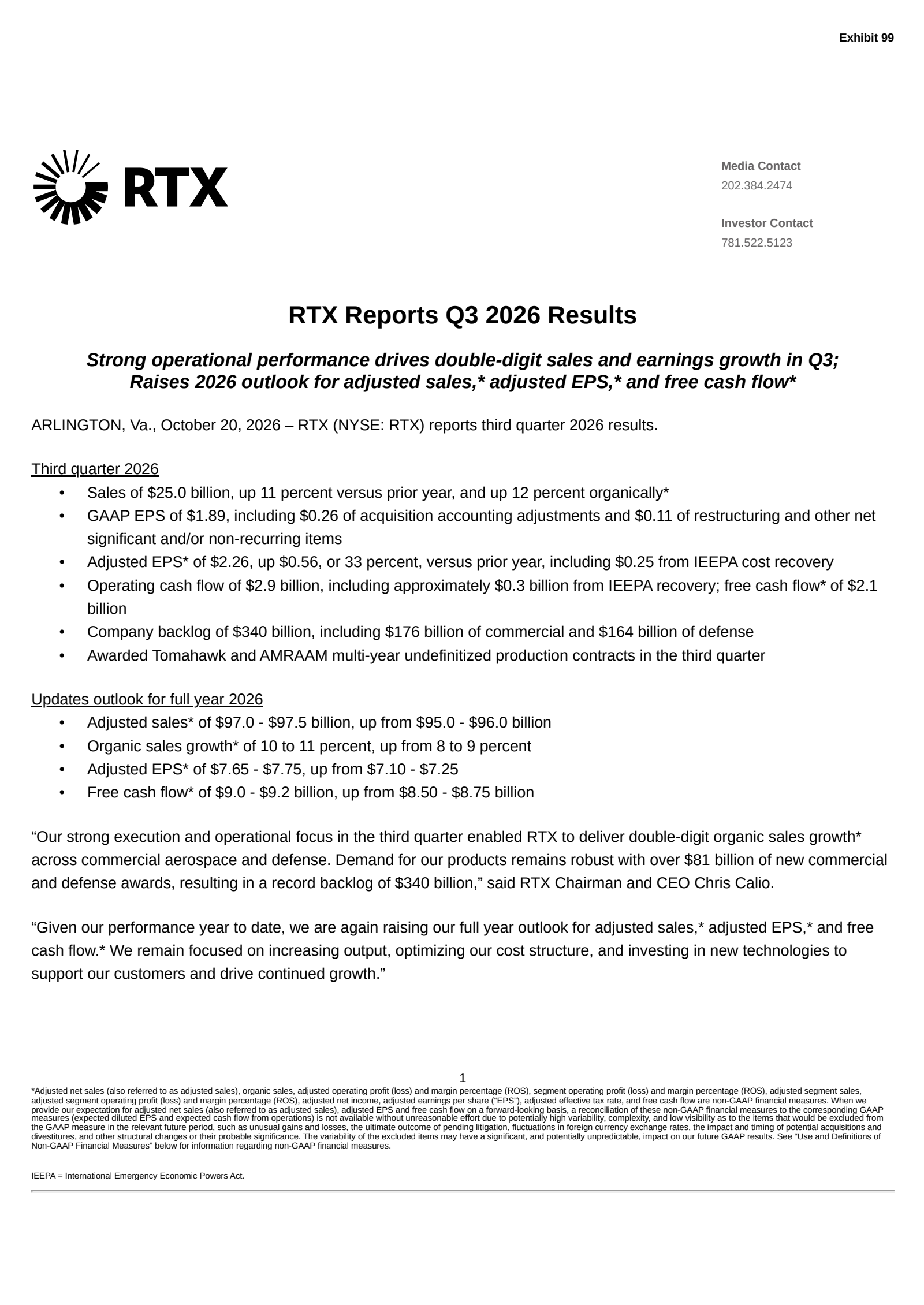 RTX's Q3 2026 Press Release