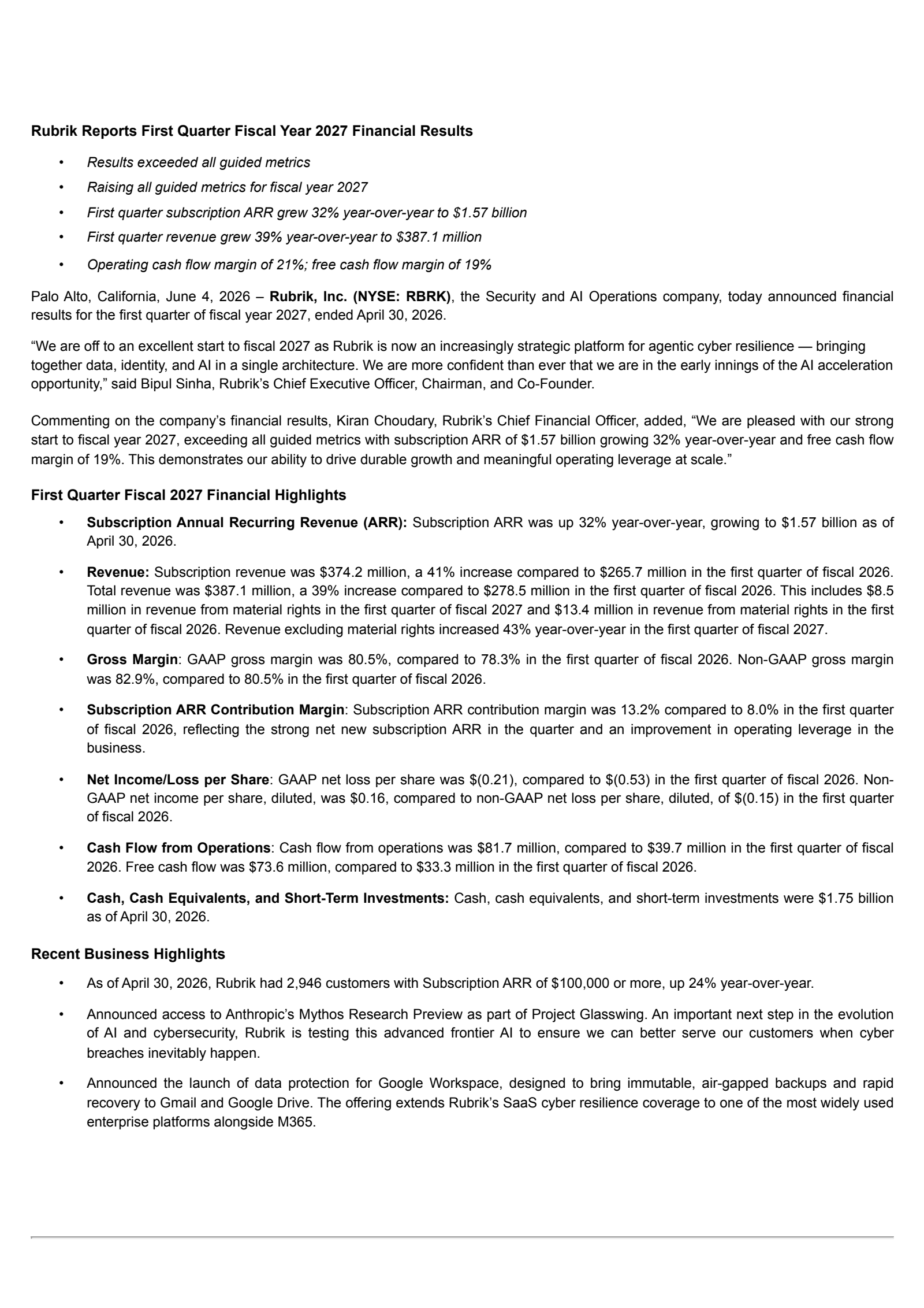 Rubrik's Q1 2027 Press Release