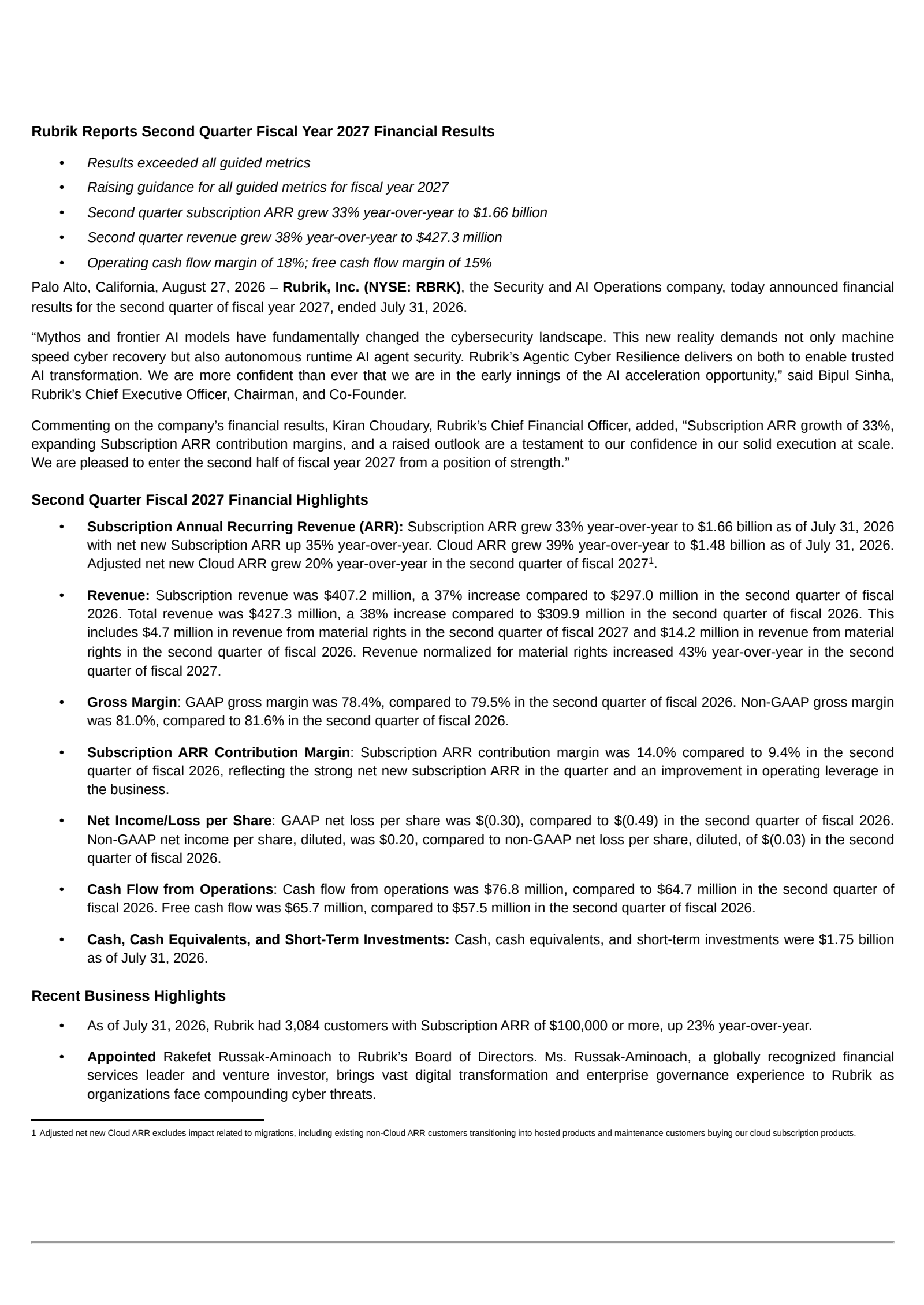 Rubrik's Q2 2027 Press Release