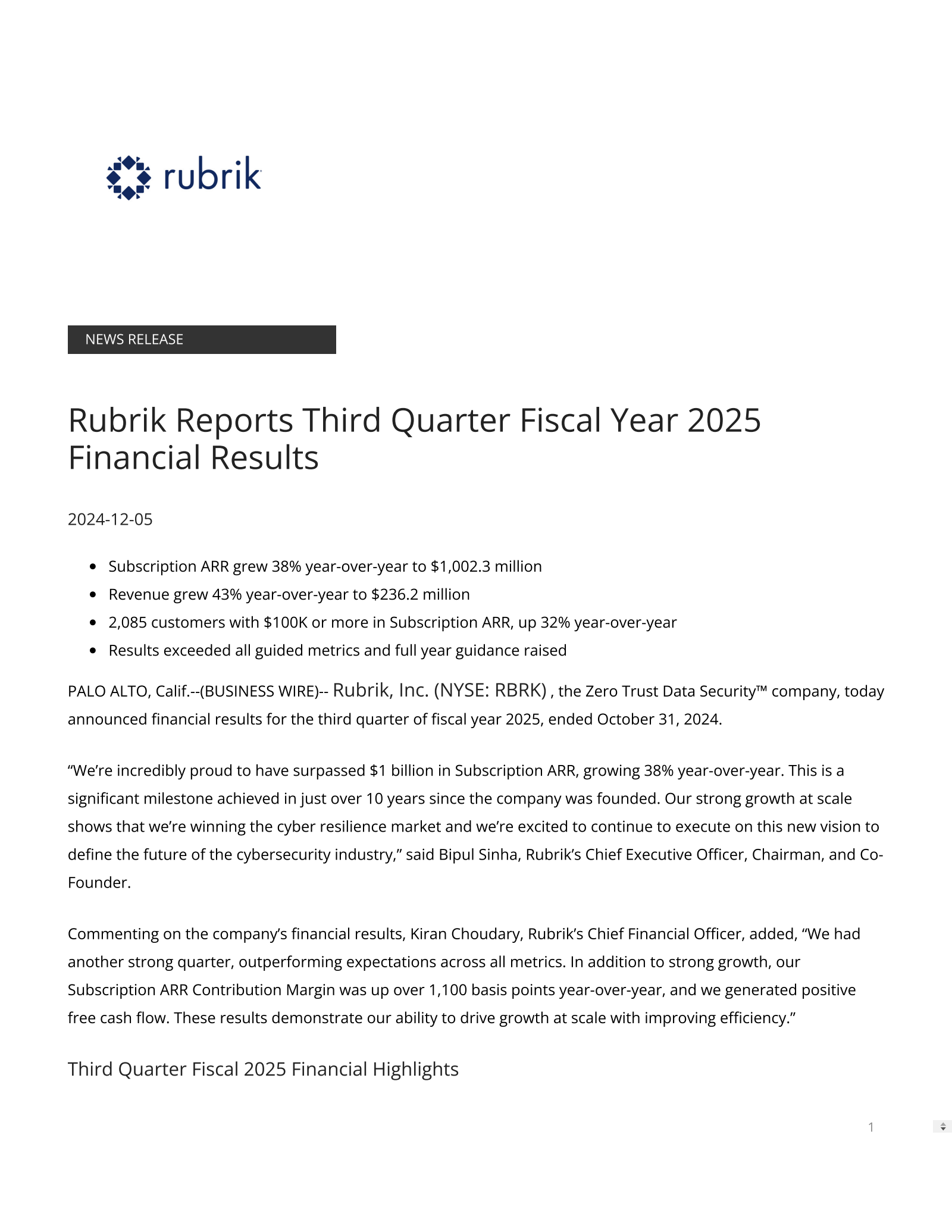 Rubrik's Q3 2025 Press Release