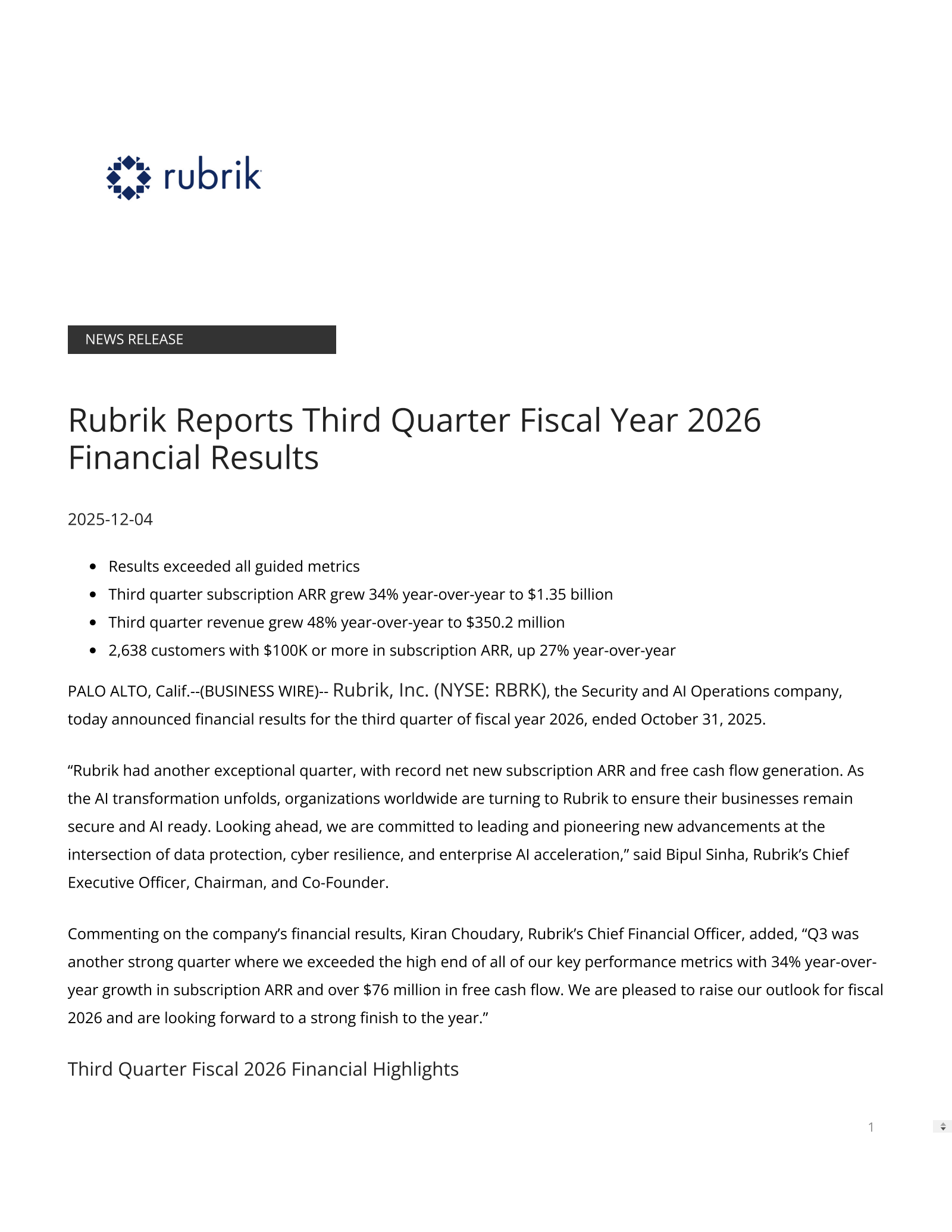 Rubrik's Q3 2026 Earnings Release