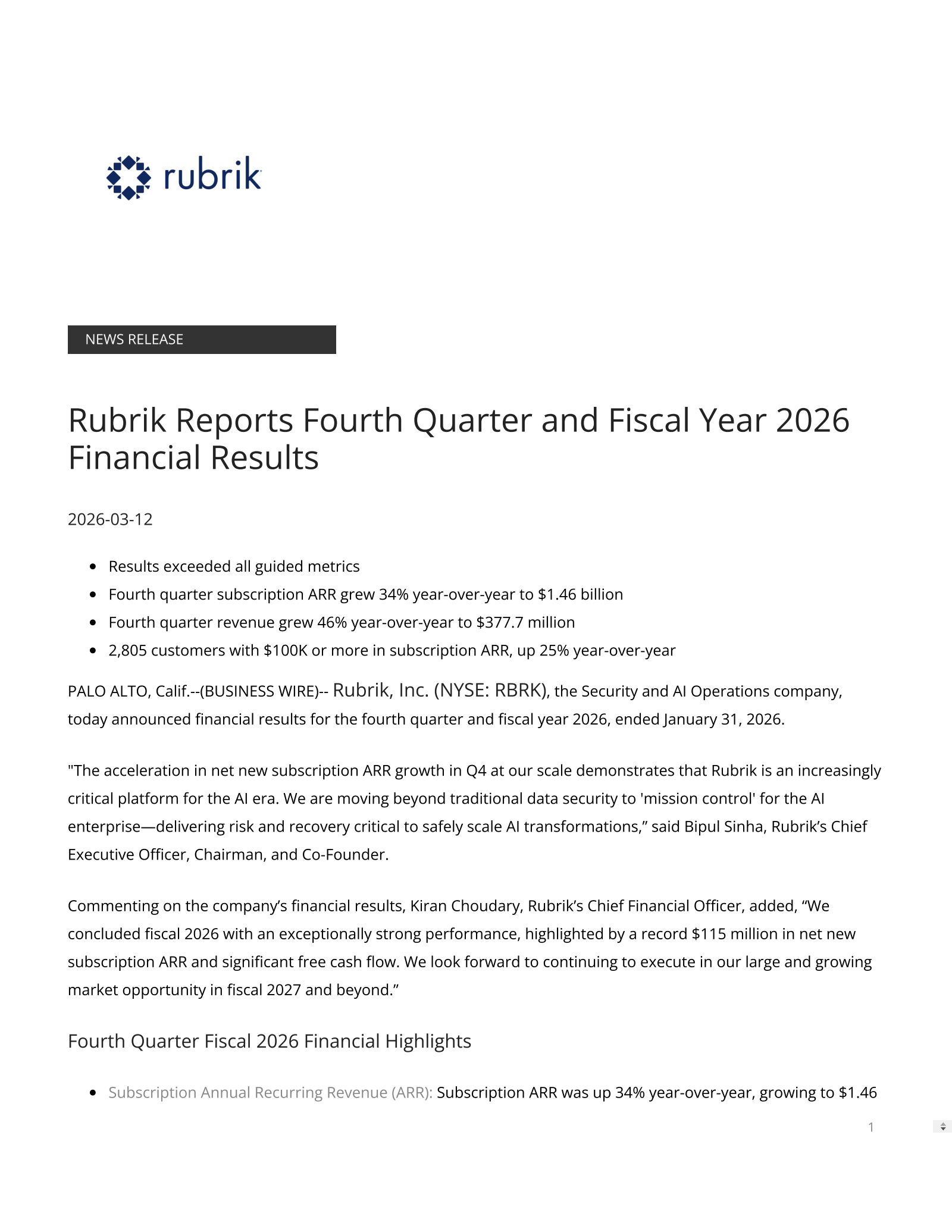 Rubrik's Q4 2026 Press Release