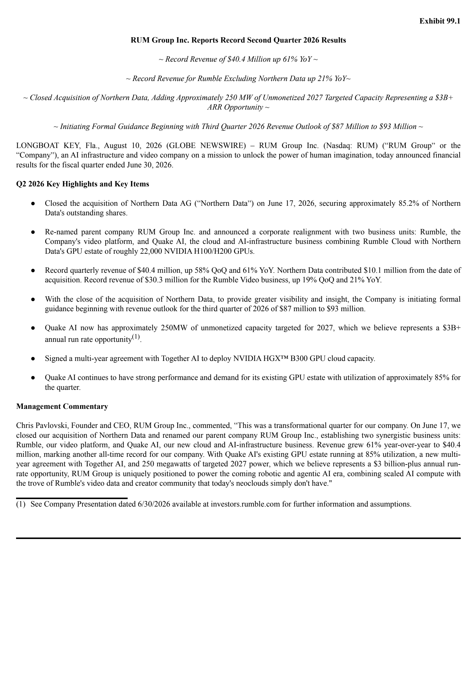 Rumble's Q2 2026 Press Release