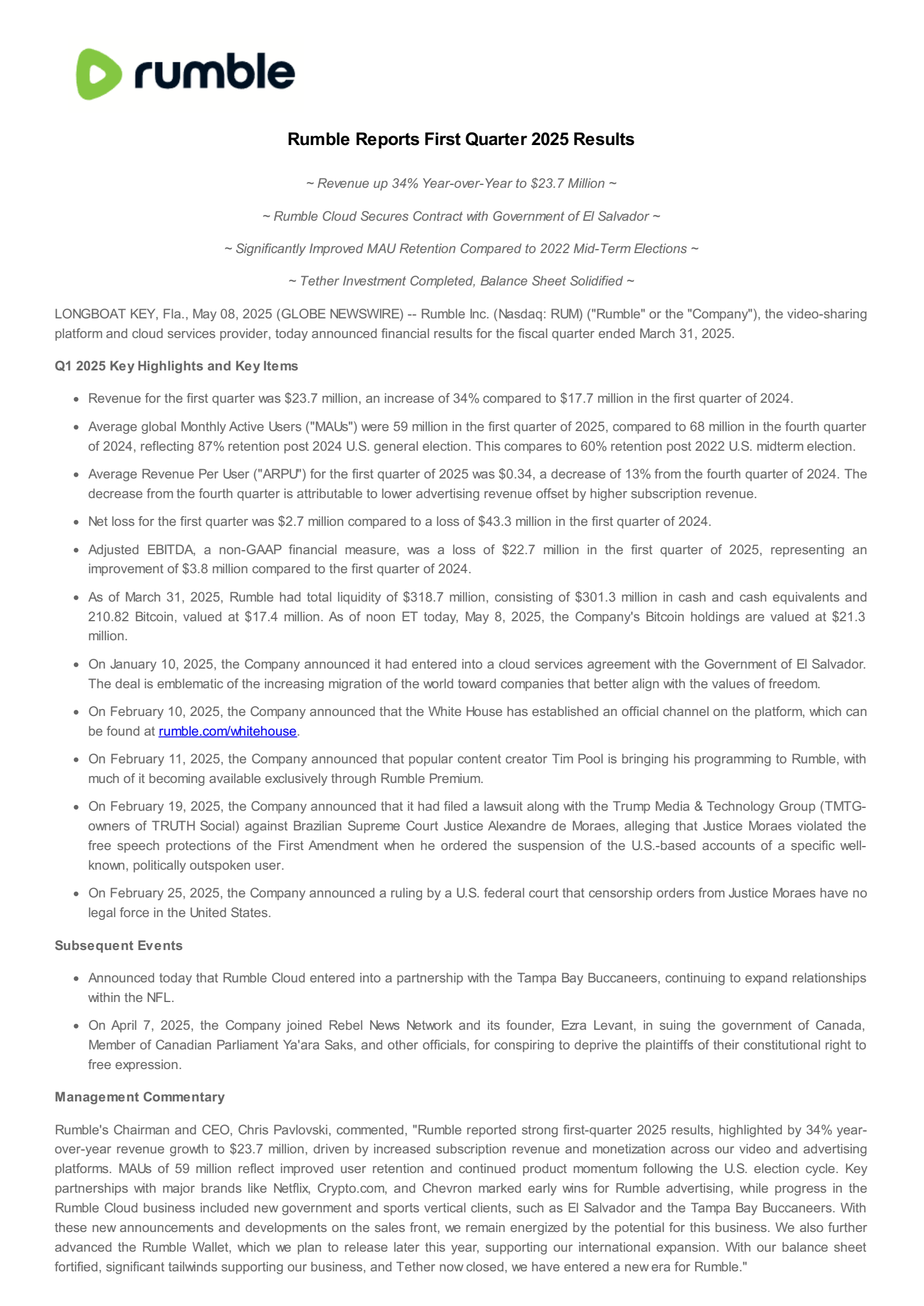 Rumble's Q1 2025 Press Release
