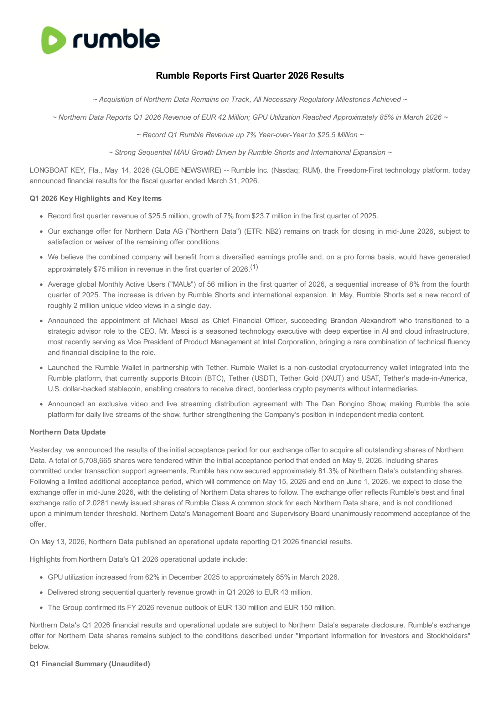 Rumble's Q1 2026 Press Release