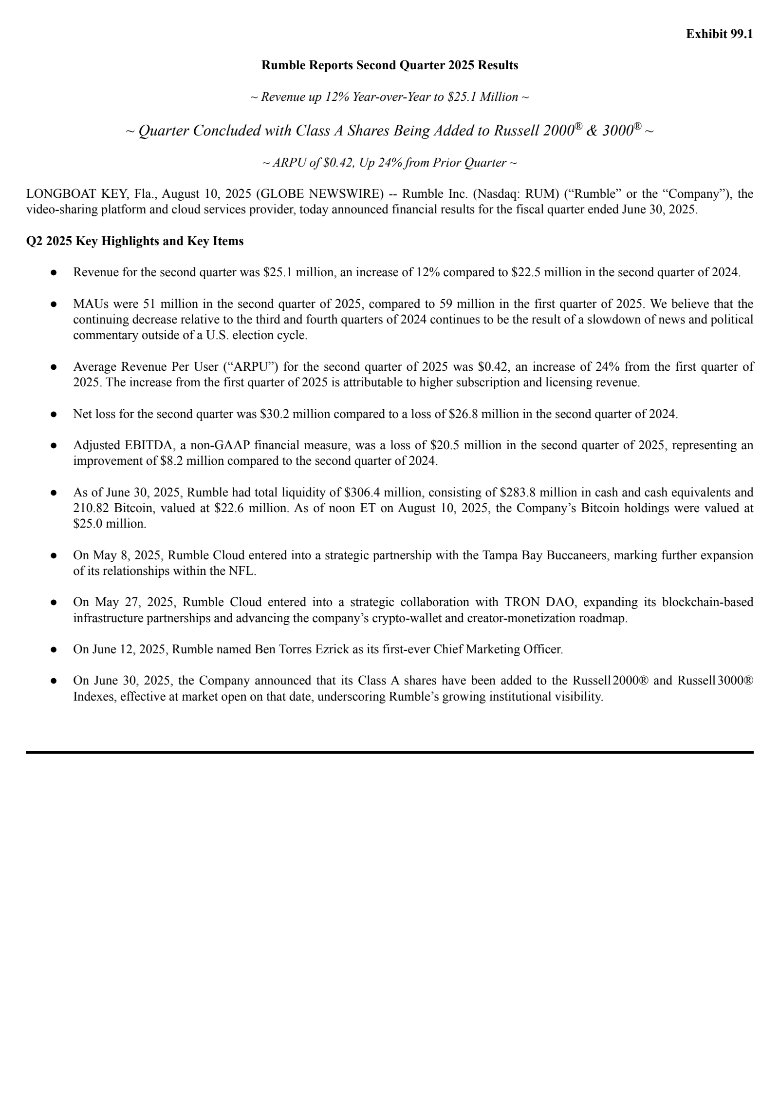 Rumble's Q2 2025 Press Release