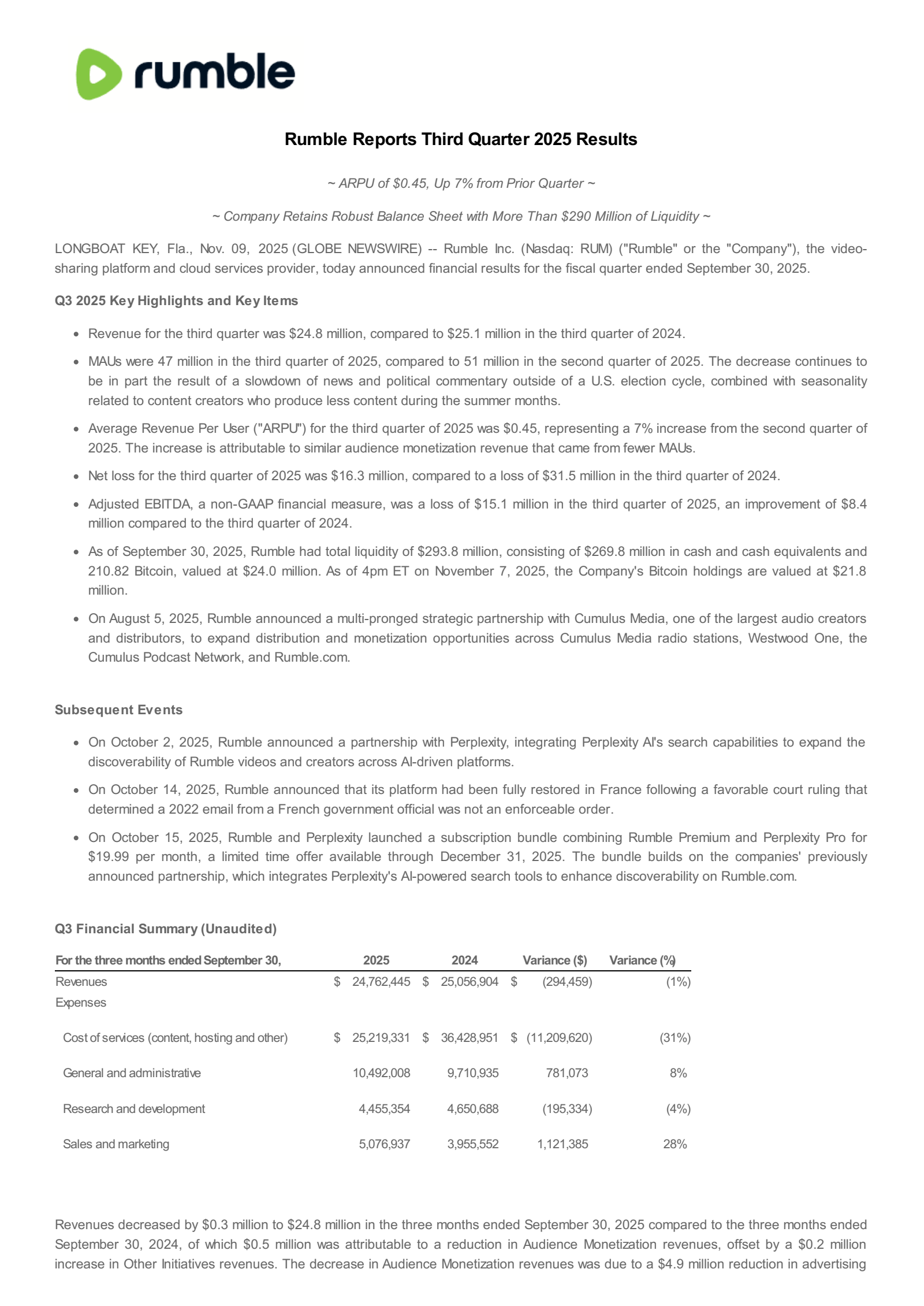 Rumble's Q3 2025 Earnings Release