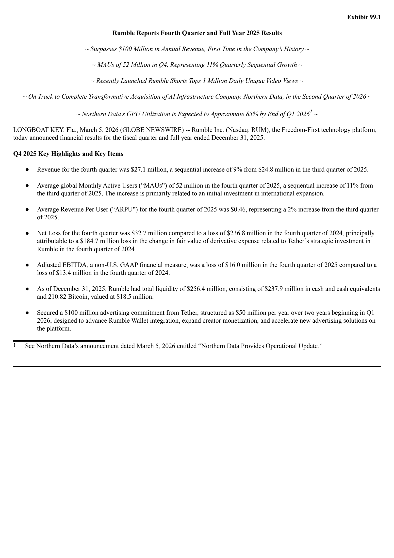 Rumble's Q4 2025 Press Release