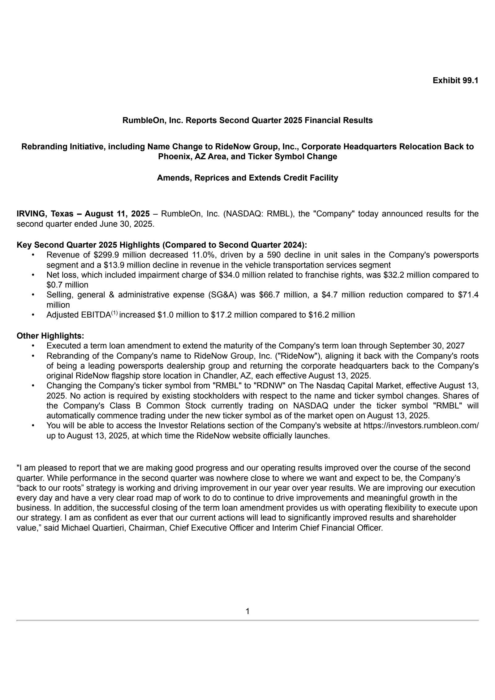 RumbleON's Q2 2025 Press Release