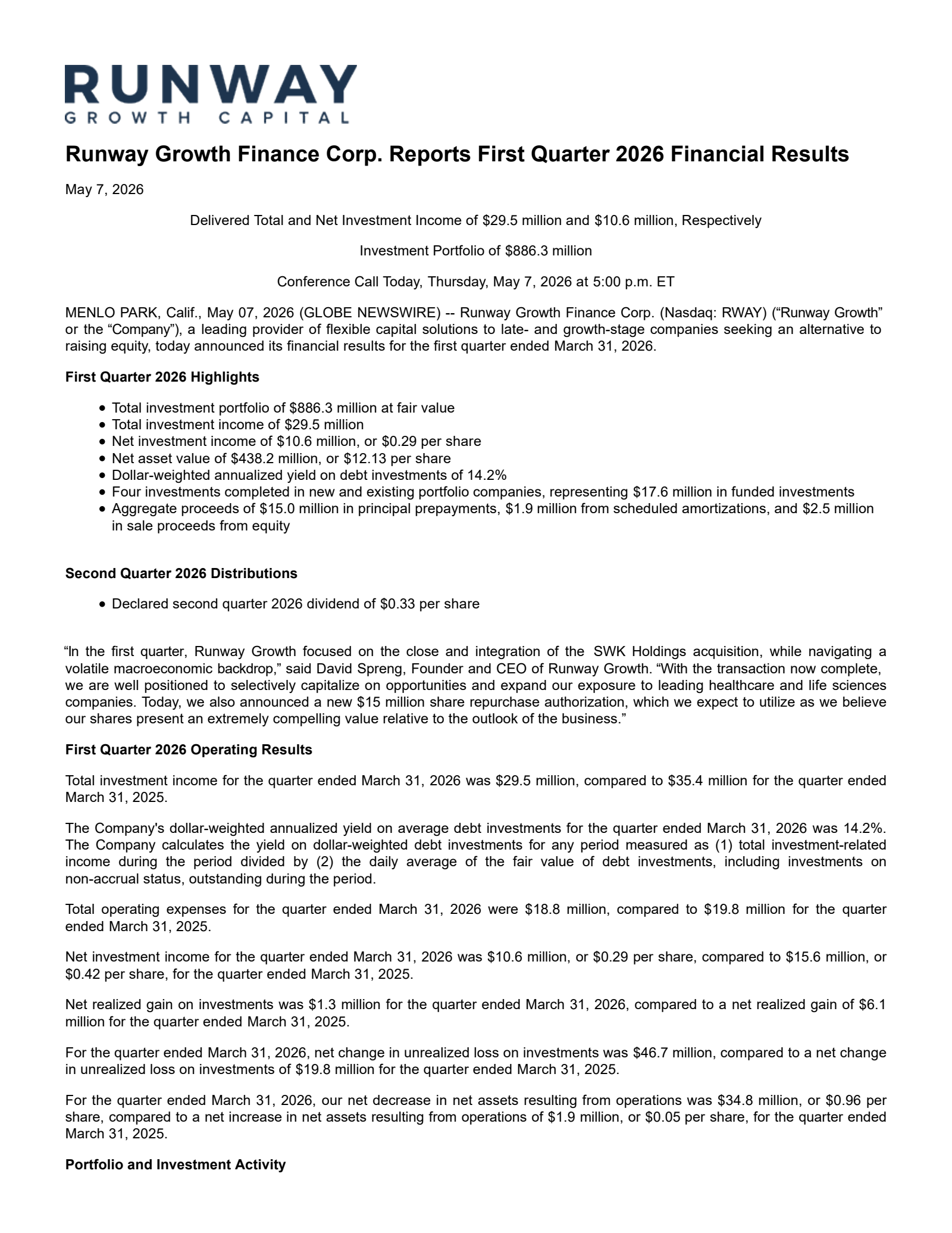 Runway Growth Finance's Q1 2026 Press Release