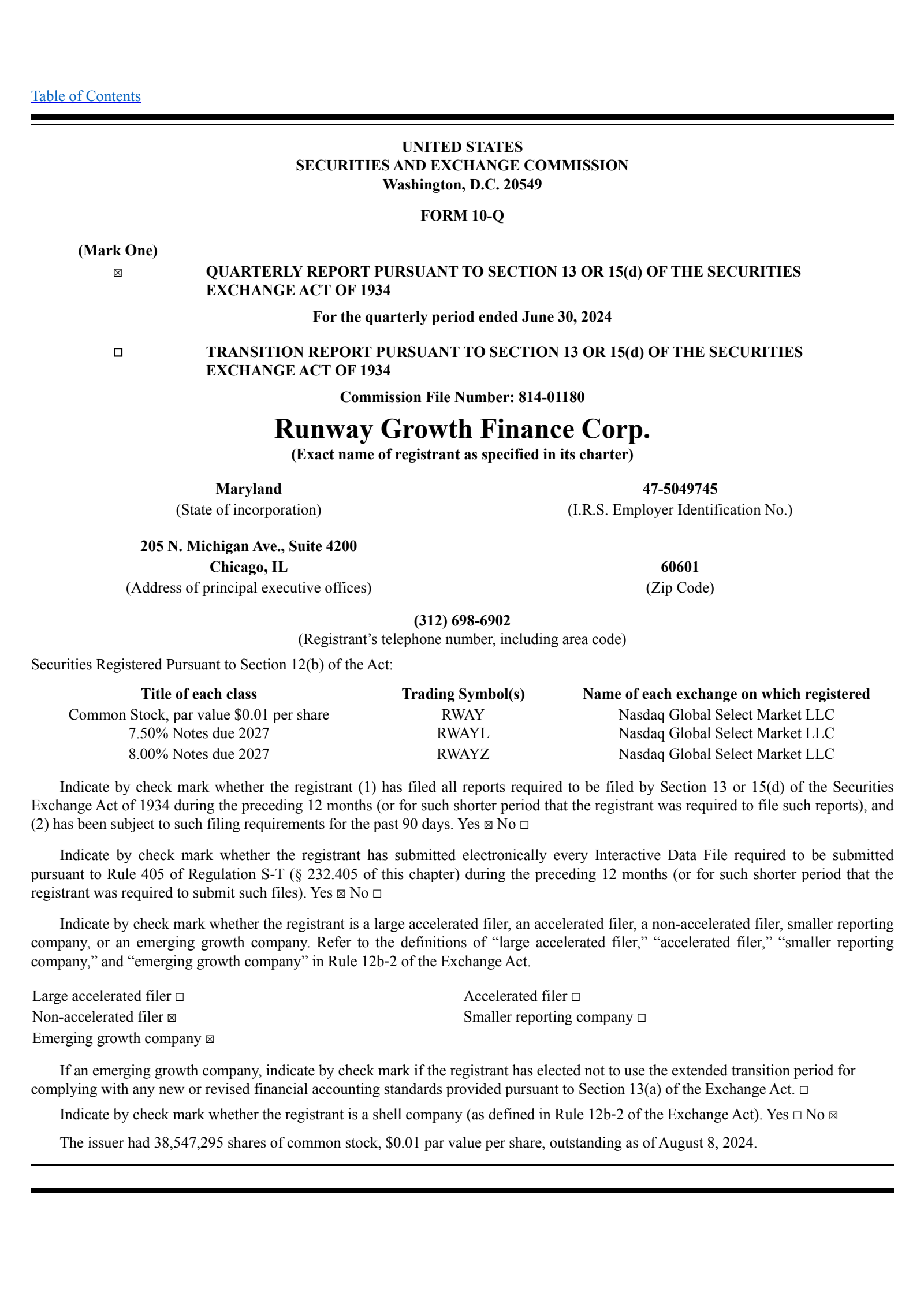 Runway Growth Finance's Q2 2024 Quarterly report