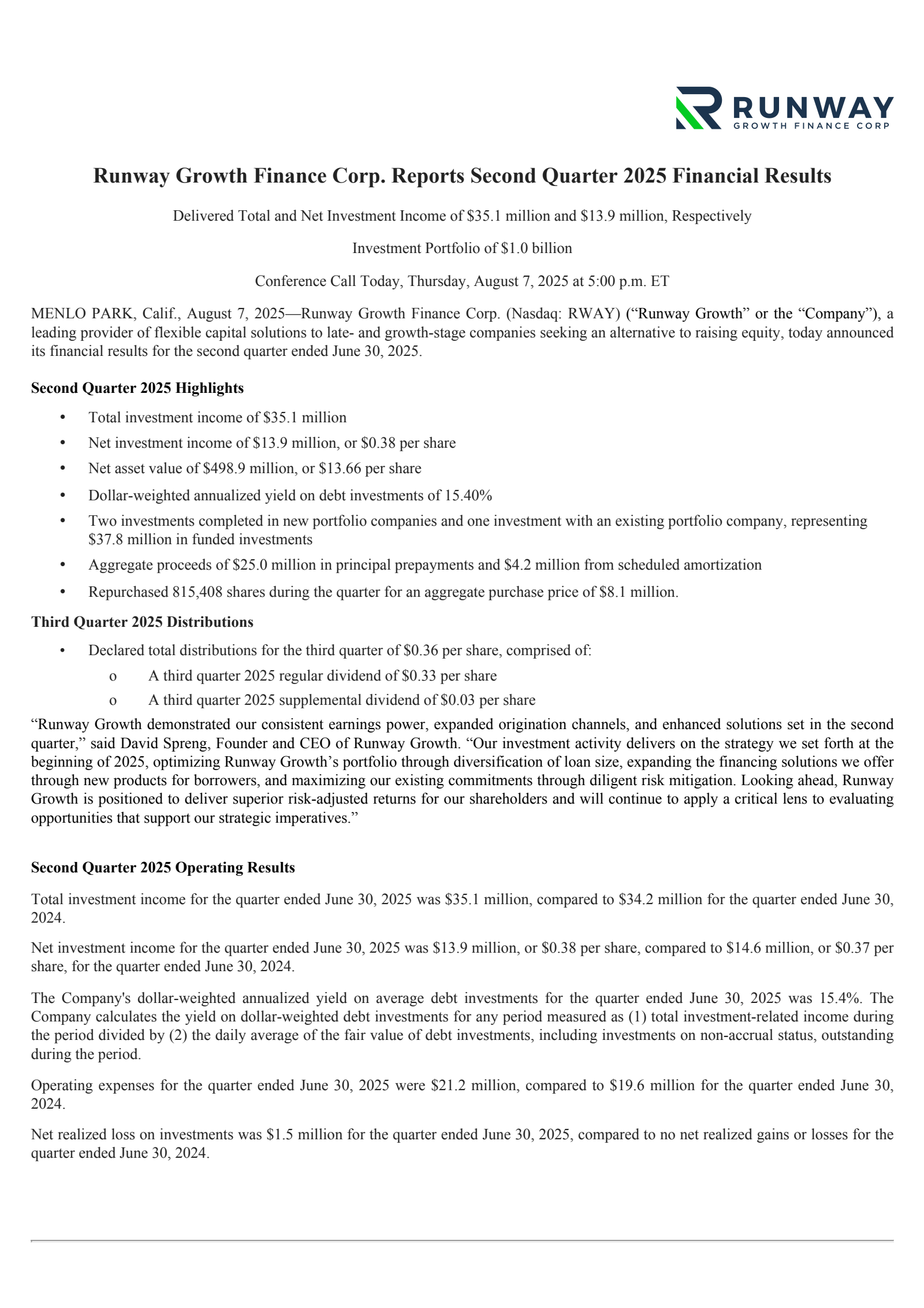 Runway Growth Finance's Q2 2025 Press Release