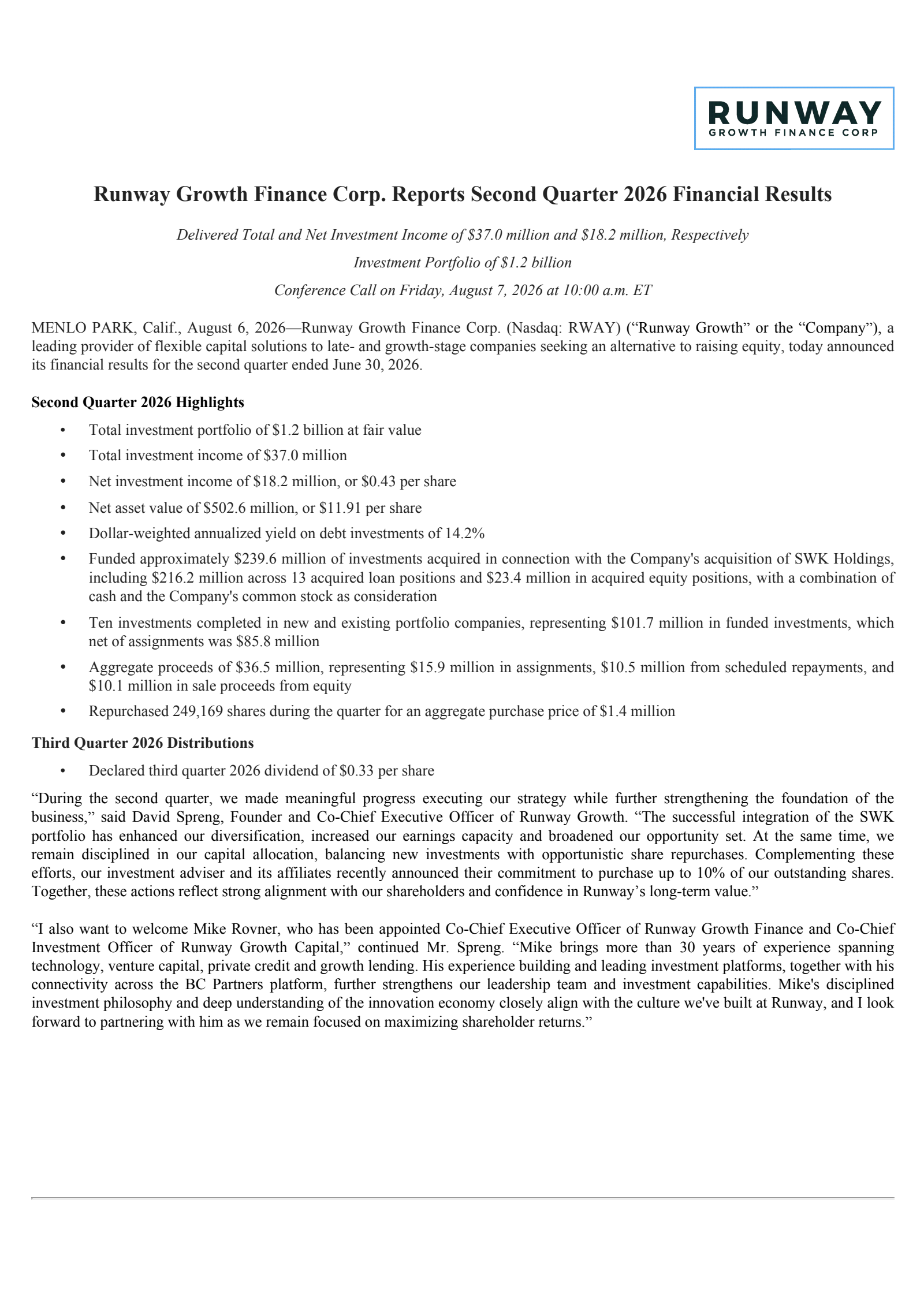 Runway Growth Finance's Q2 2026 Press Release
