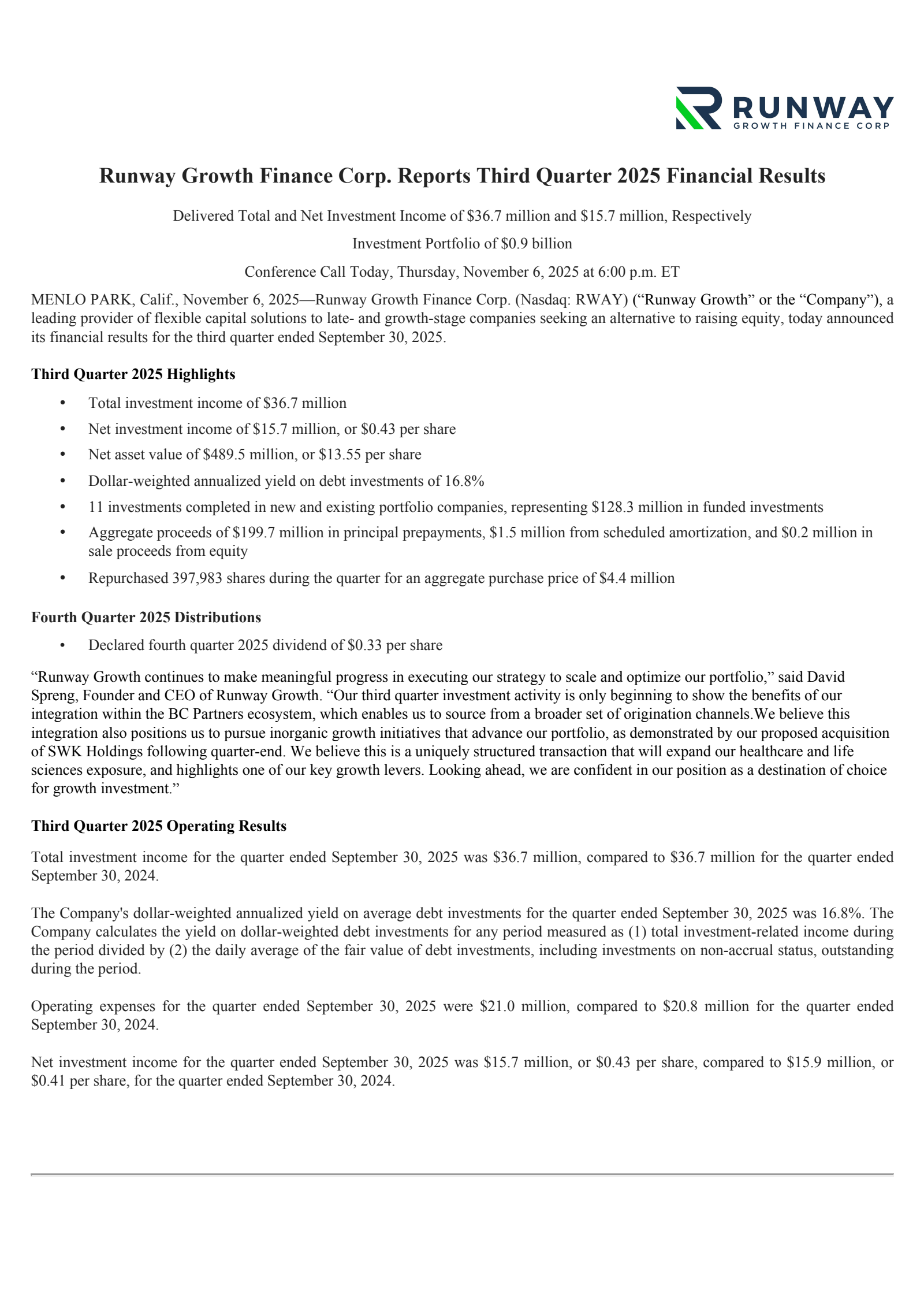 Runway Growth Finance's Q3 2025 Earnings Release