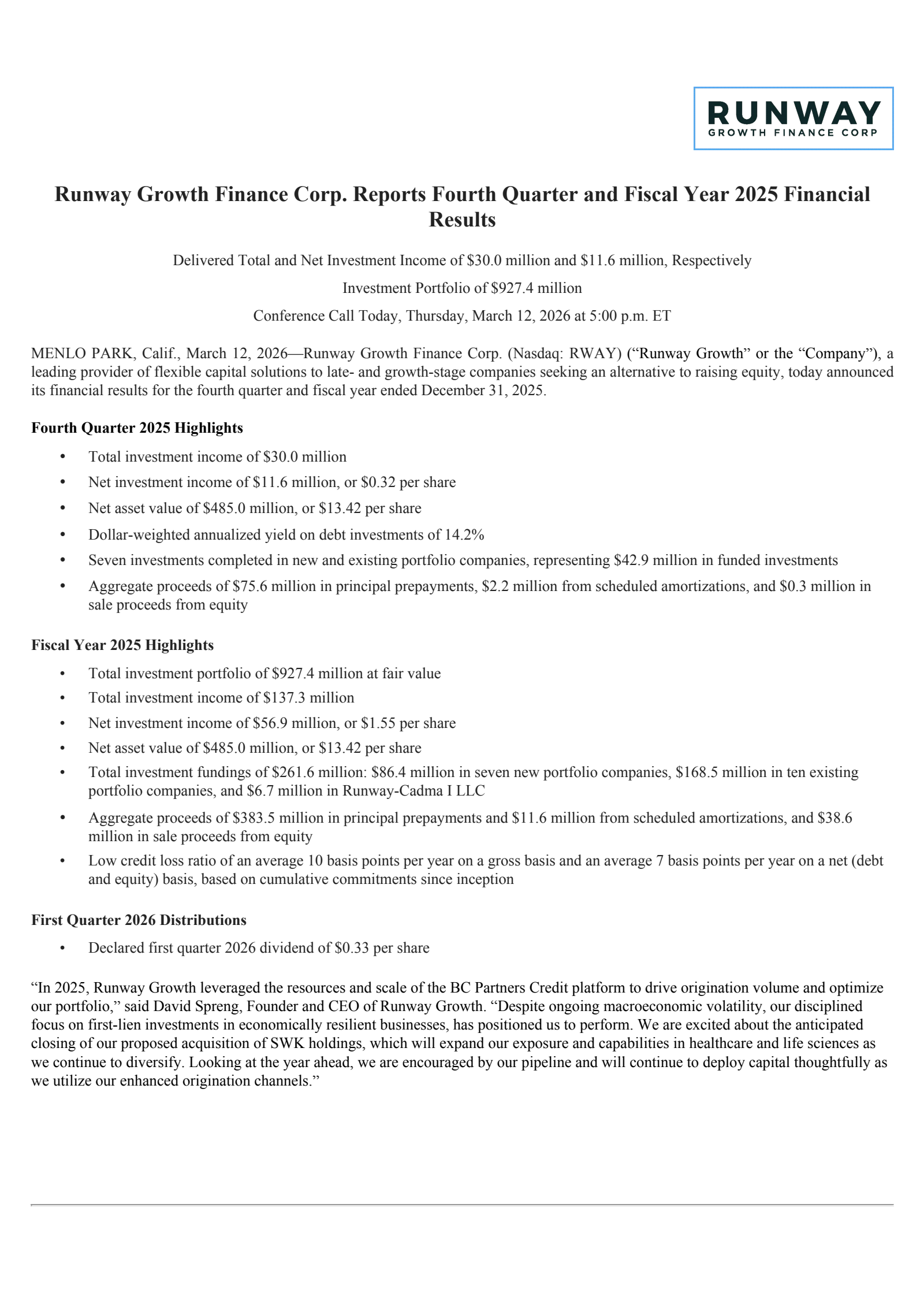 Runway Growth Finance's Q4 2025 Press Release