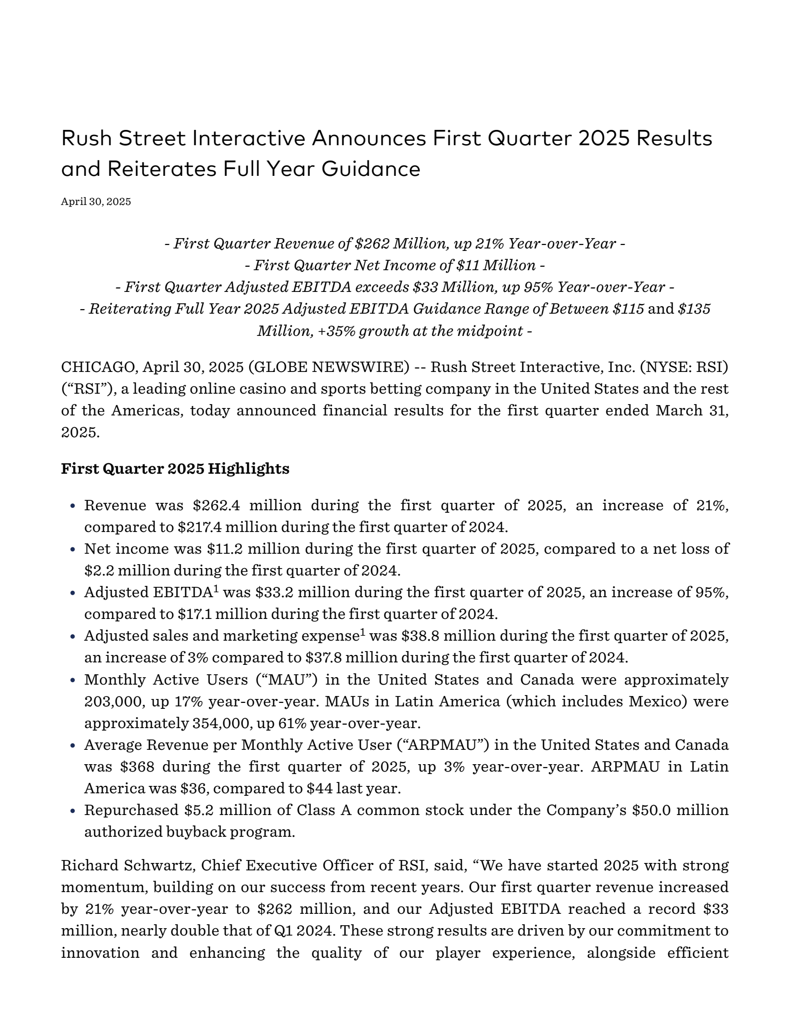 Rush Street Interactive's Q1 2025 Press Release