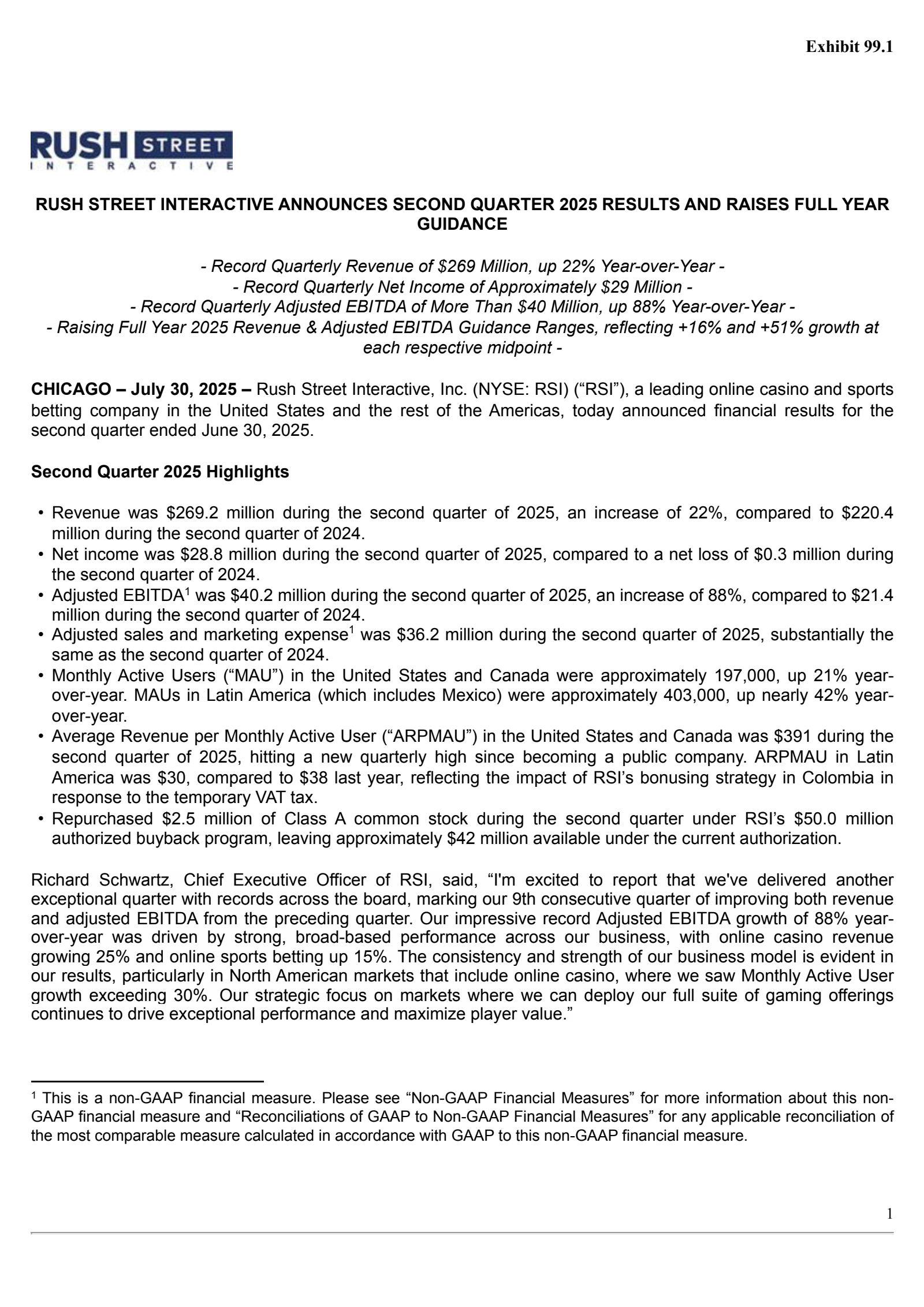 Rush Street Interactive's Q2 2025 Press Release