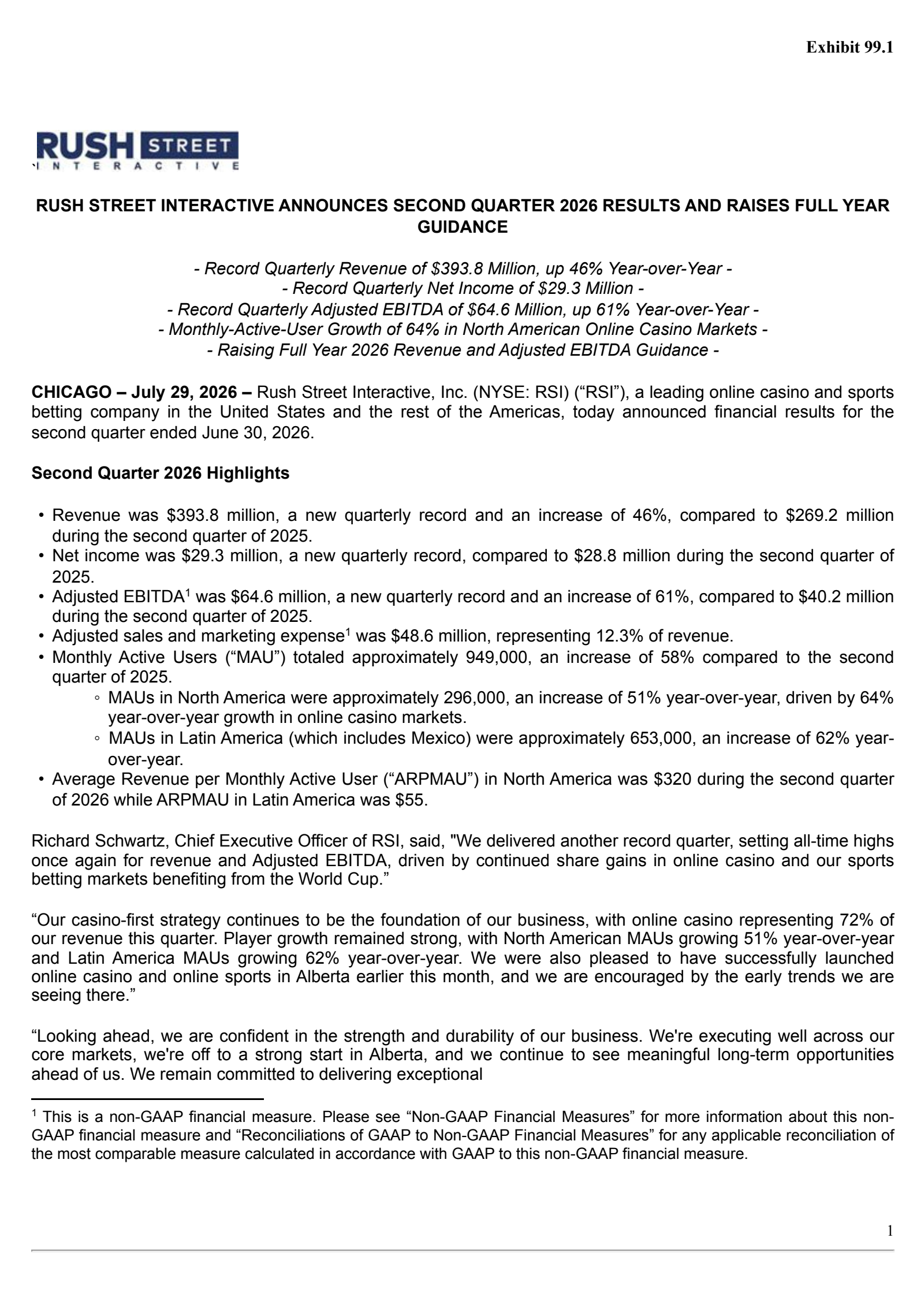Rush Street Interactive's Q2 2026 Press Release