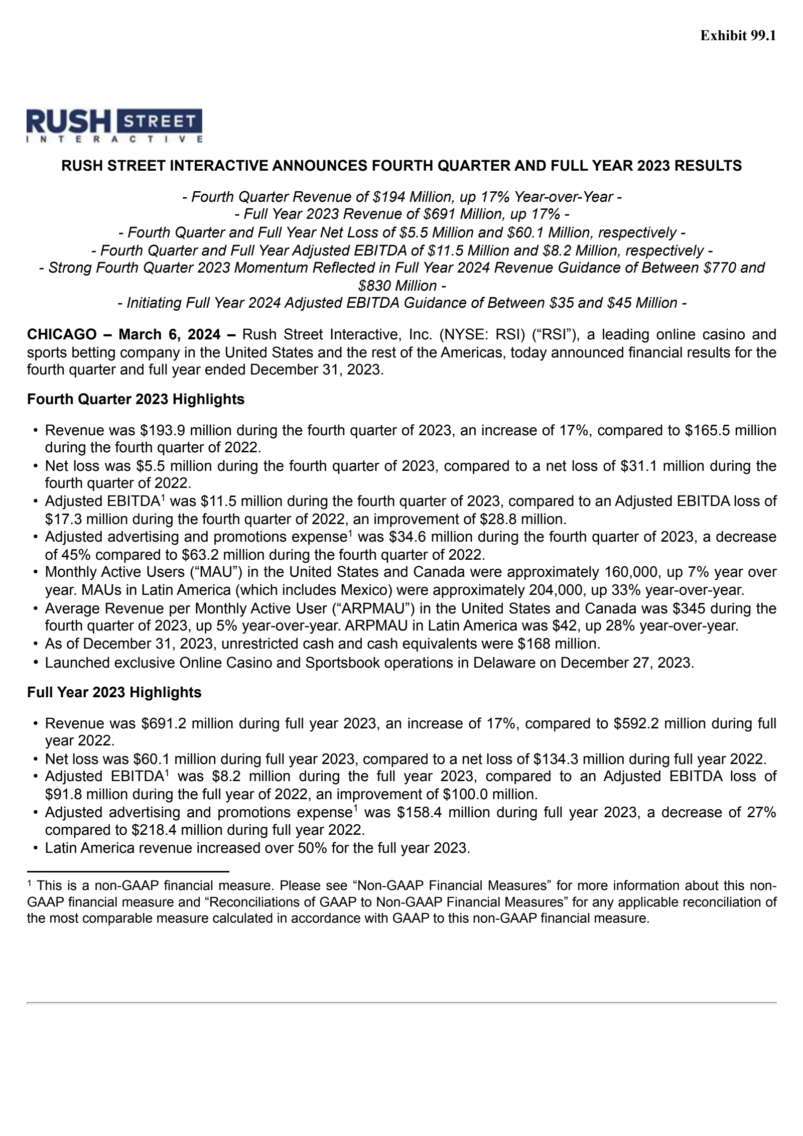 Rush Street Interactive's Q4 2023 Press Release