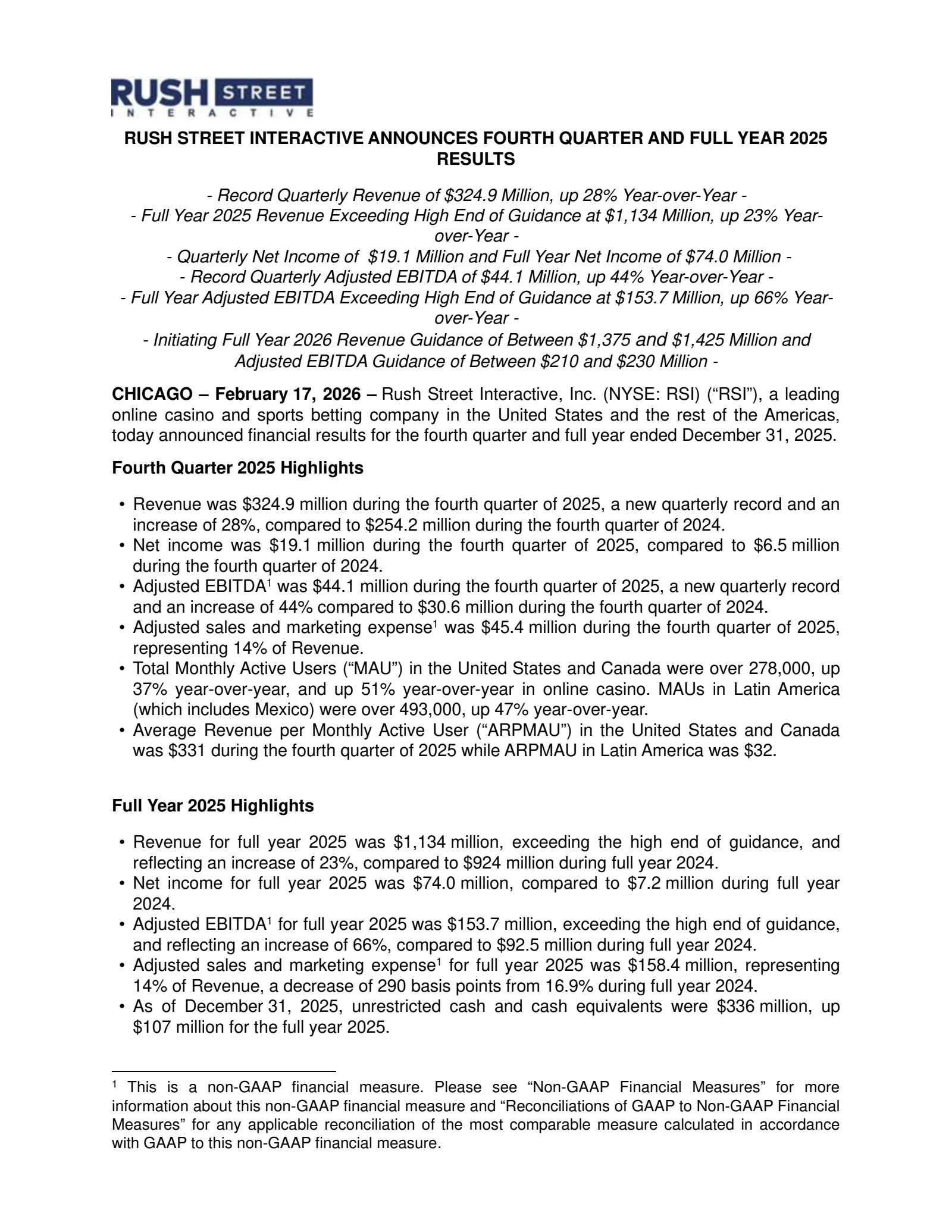 Rush Street Interactive's Q4 2025 Press Release