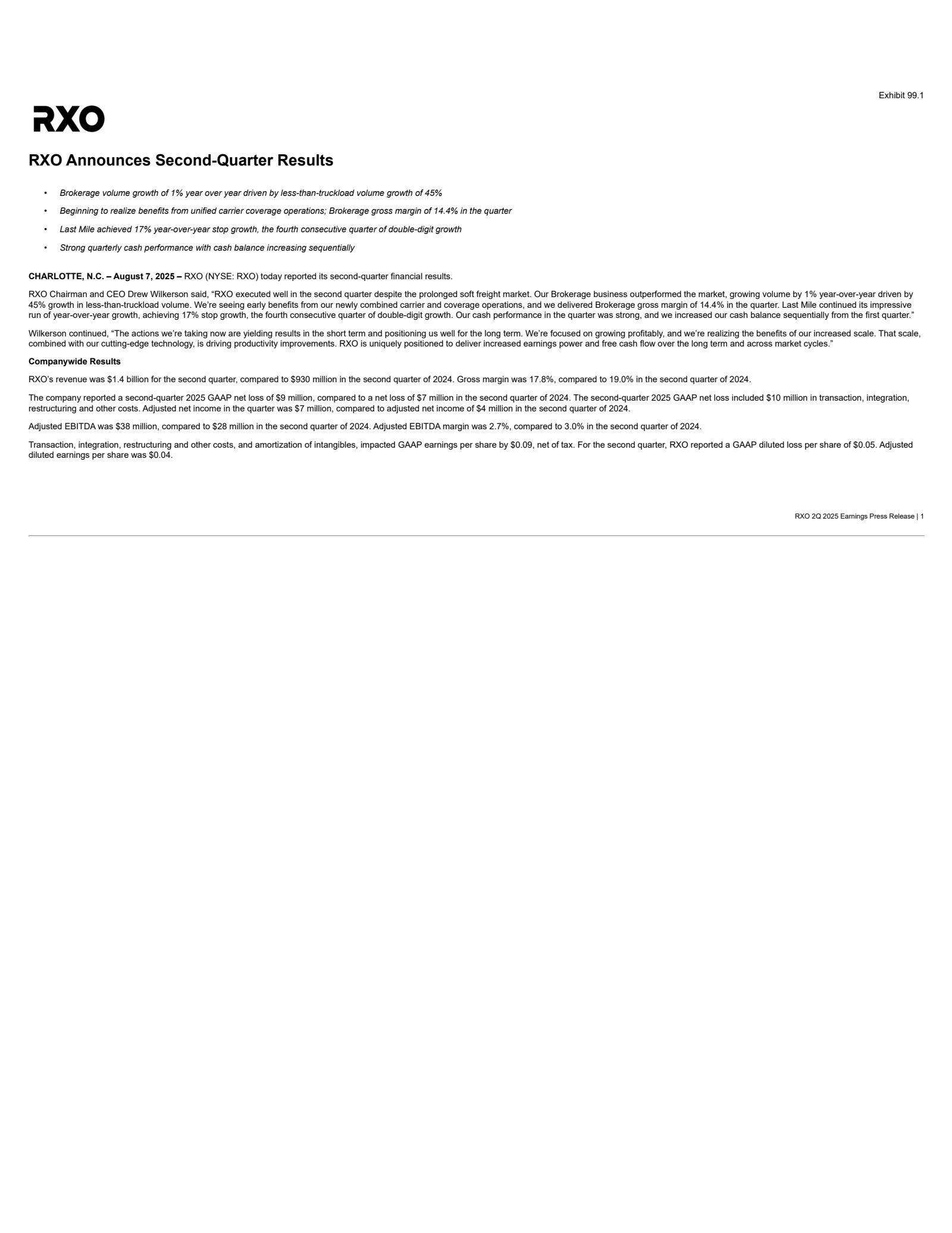 RXO's Q2 2025 Press Release