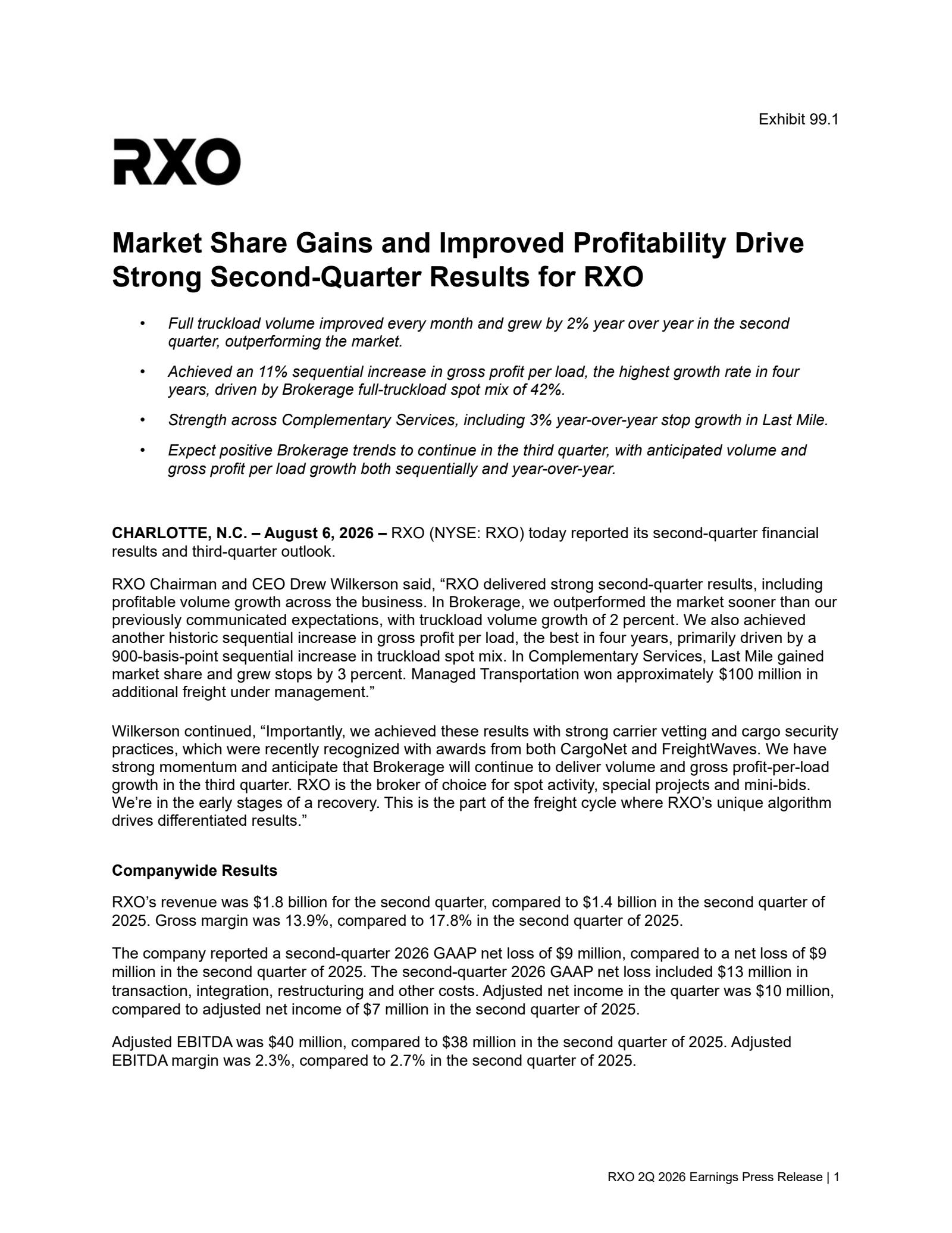 RXO's Q2 2026 Press Release