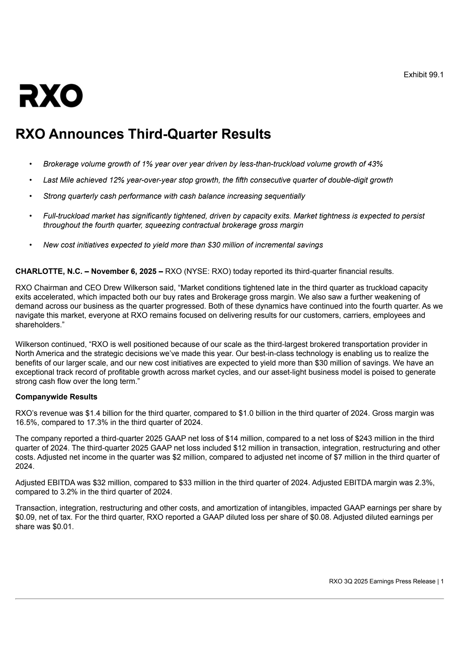 RXO's Q3 2025 Earnings Release