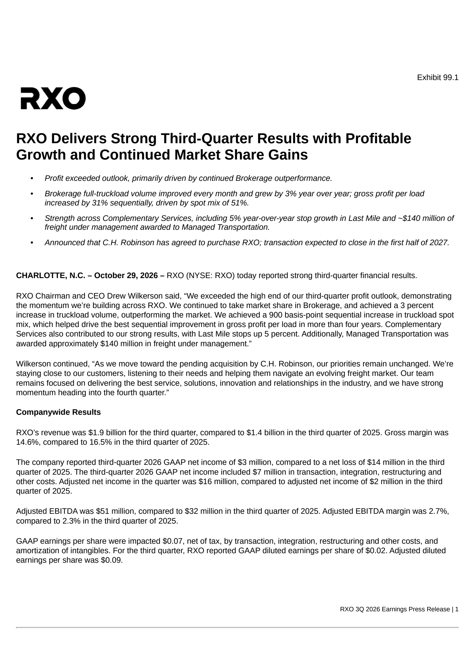 RXO's Q3 2026 Press Release