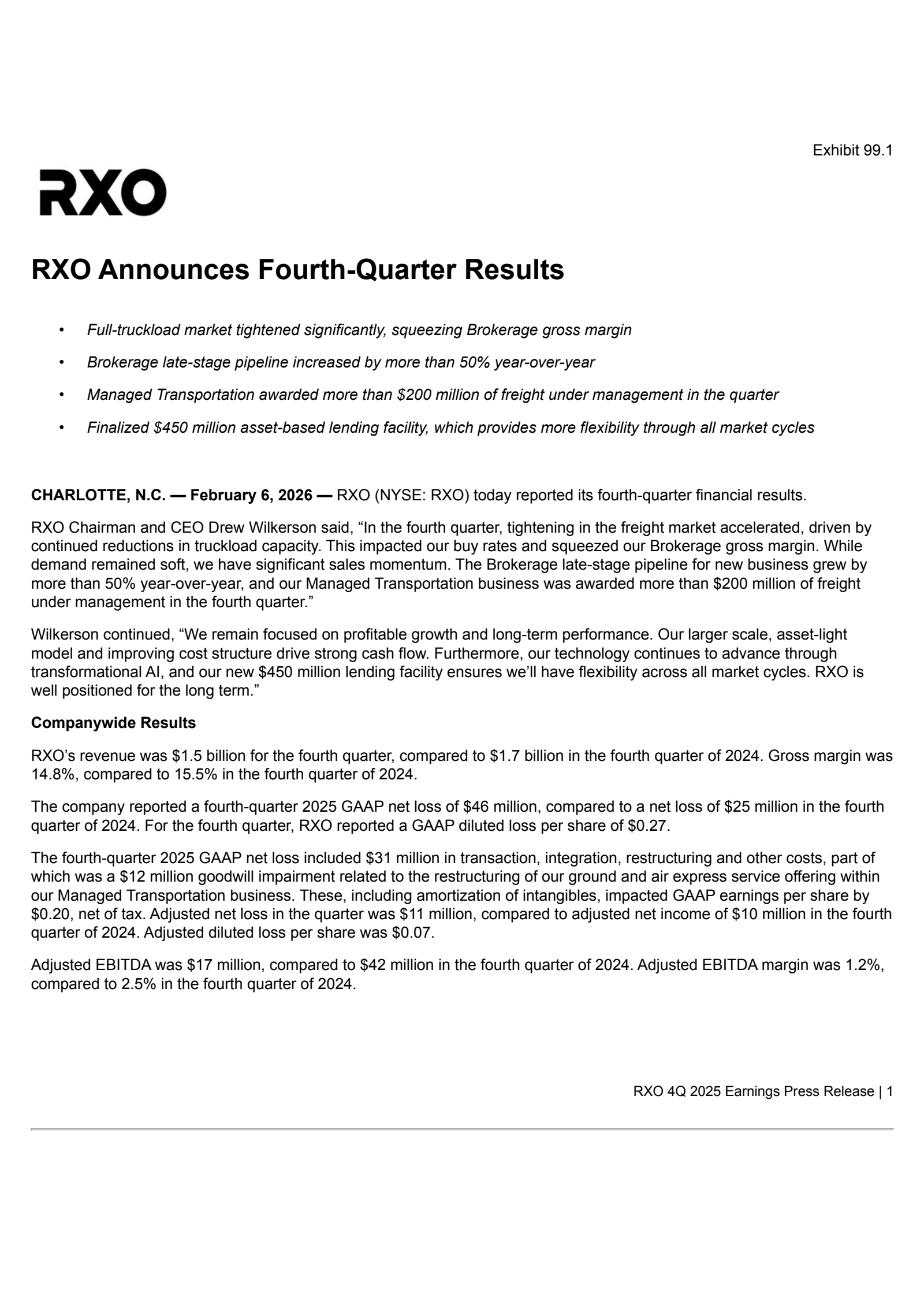RXO's Q4 2025 Press Release