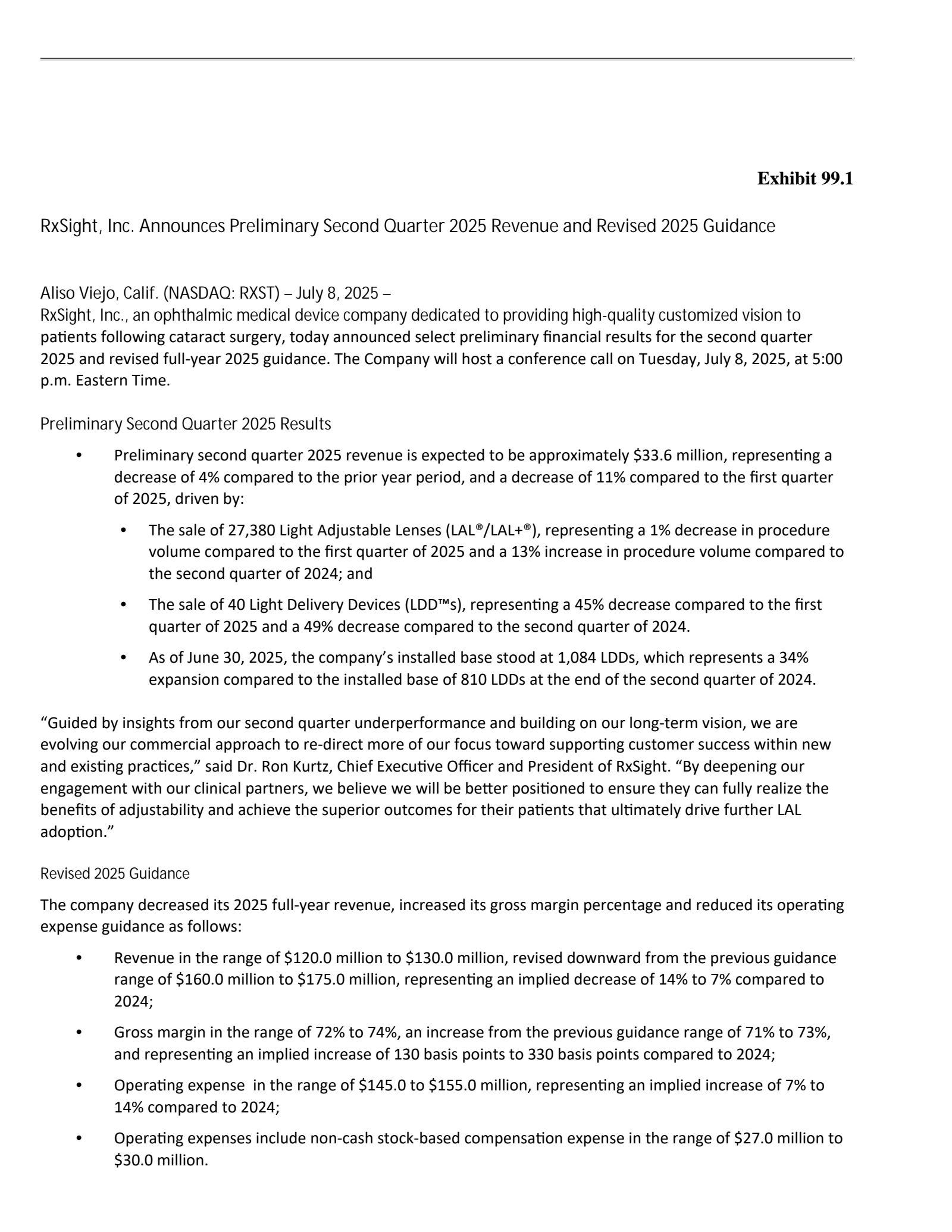 RxSight's Guidance Update Press release