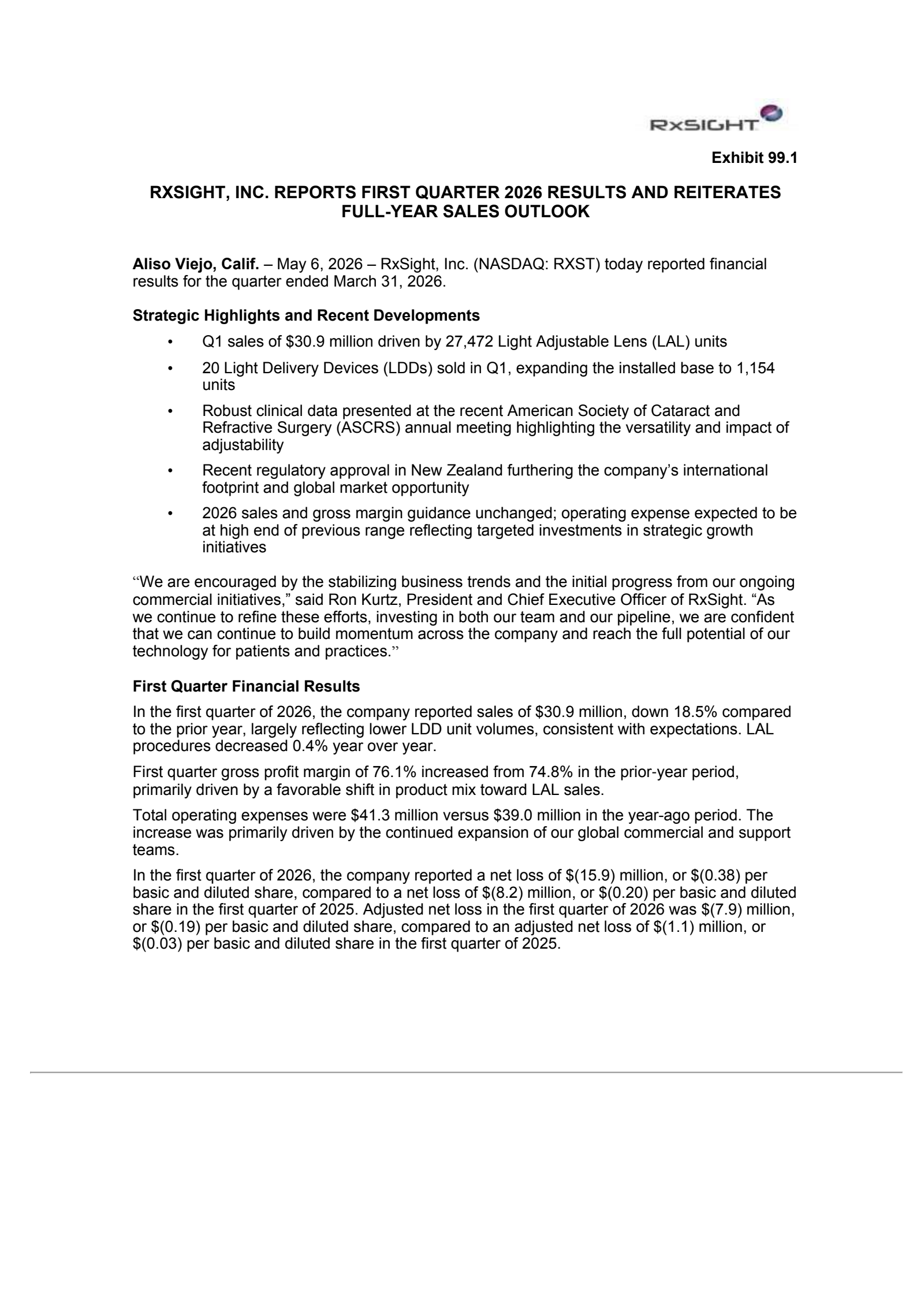 RxSight's Q1 2026 Press Release