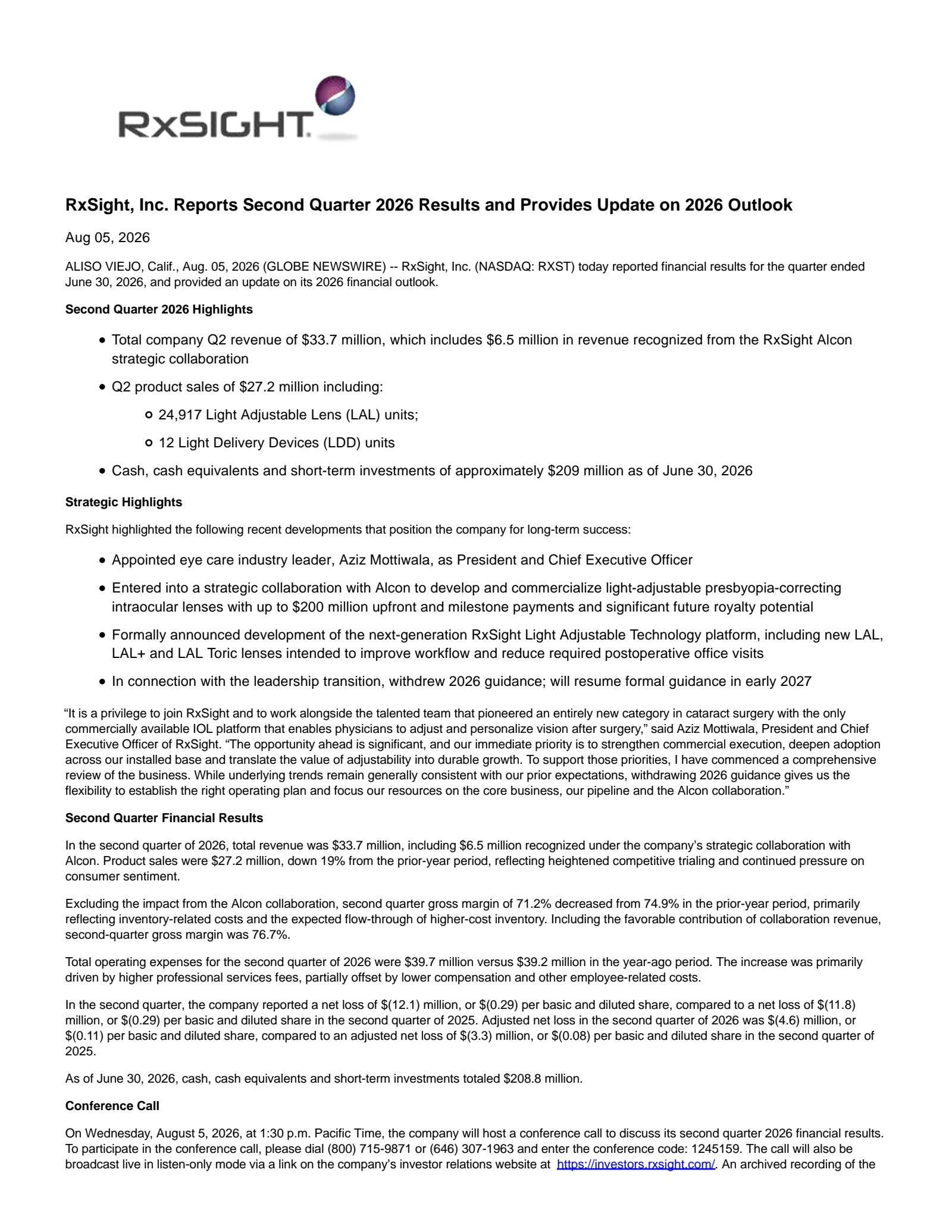 RxSight's Q2 2026 Press Release