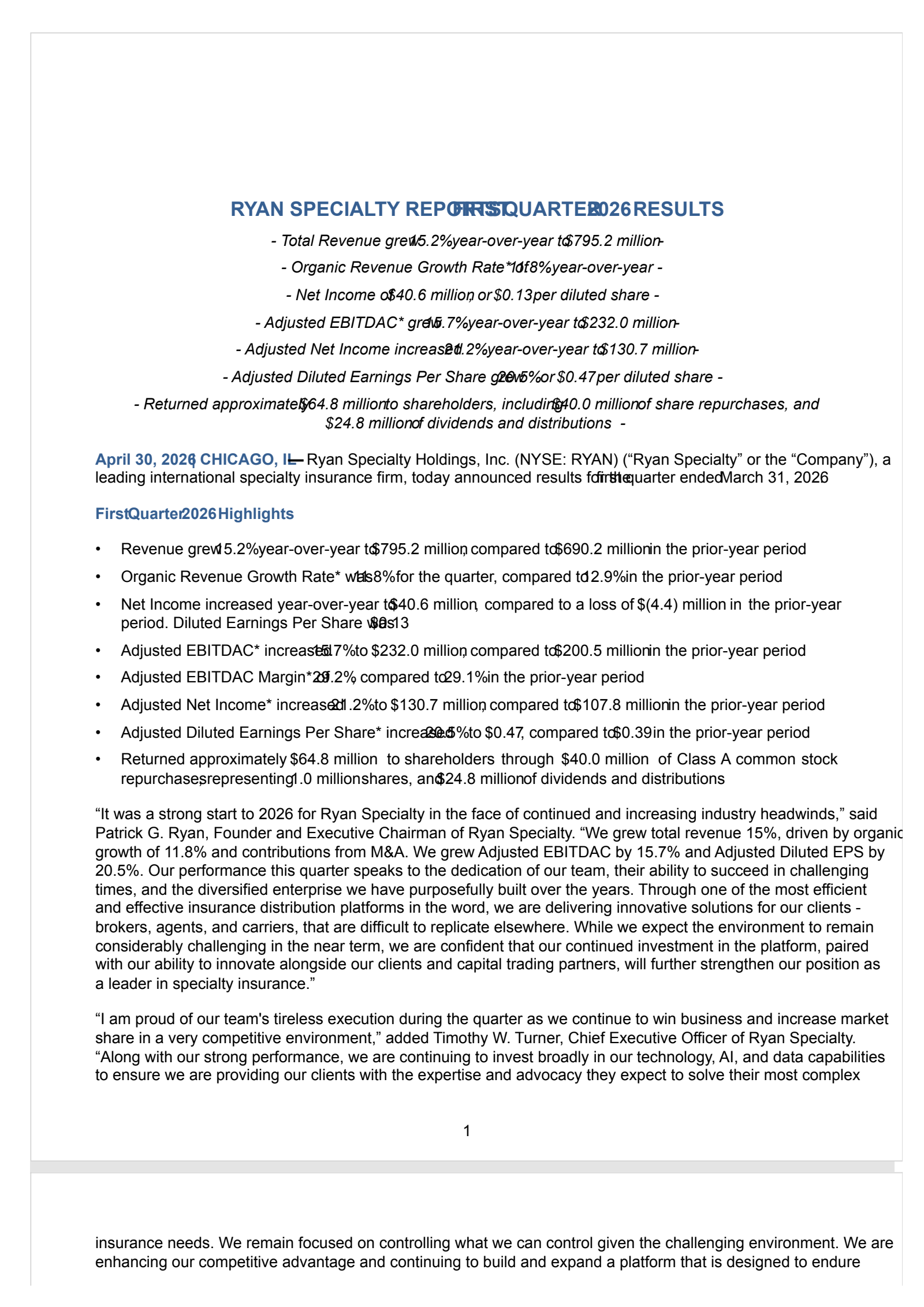 Ryan Specialty's Q1 2026 Press Release