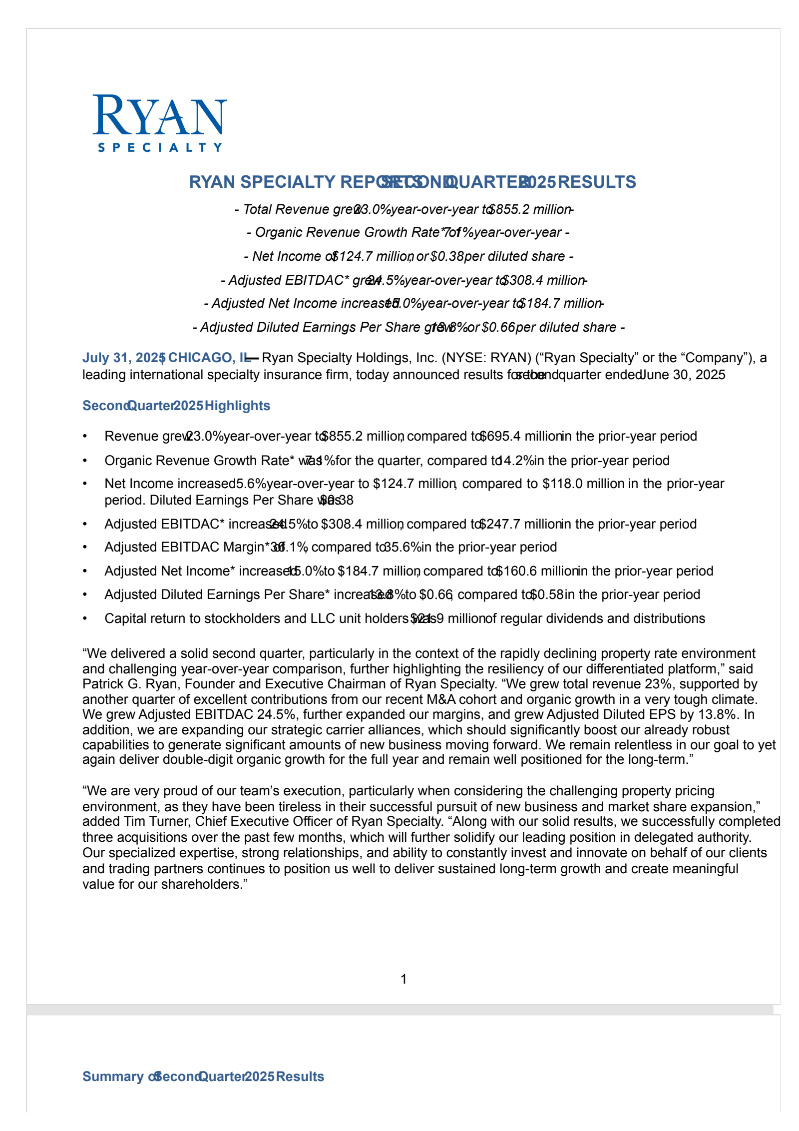 Ryan Specialty's Q2 2025 Press Release