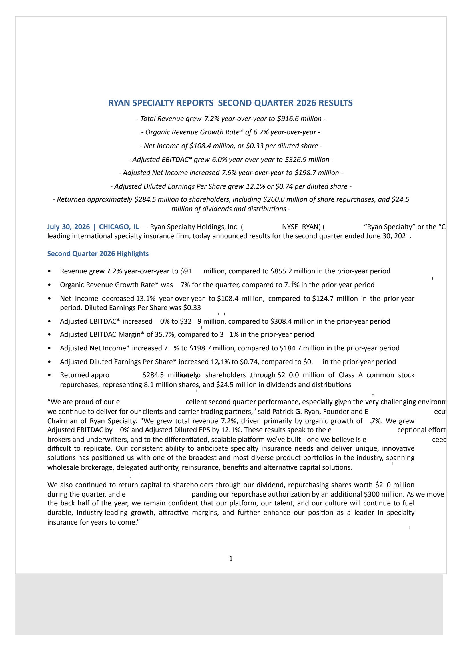Ryan Specialty's Q2 2026 Press Release